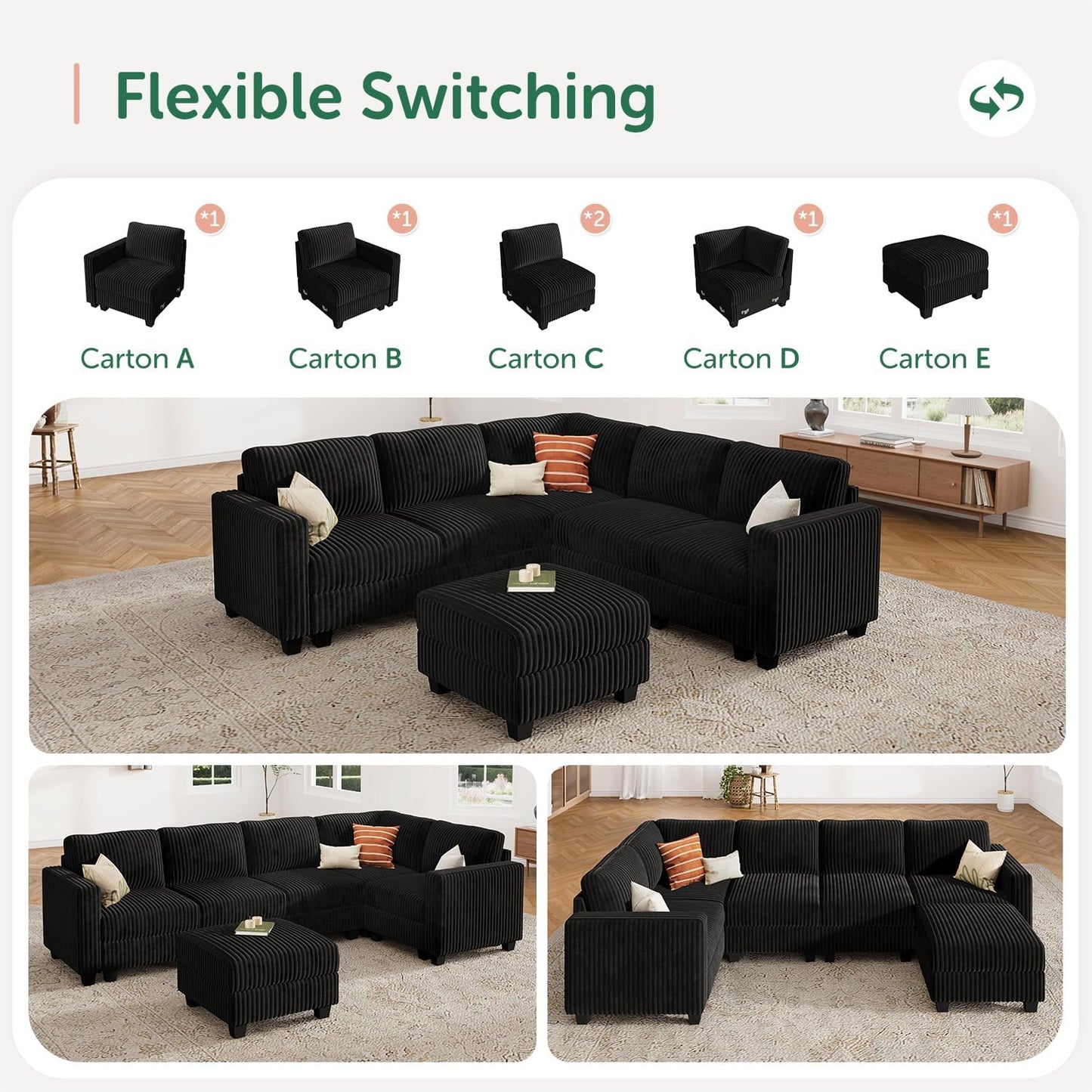 HONBAY Corduroy Modular Sectional Couch with Storage L-Shaped Sectional Couches for Living Room 6 Seater Modular Sectional Sofa, Black