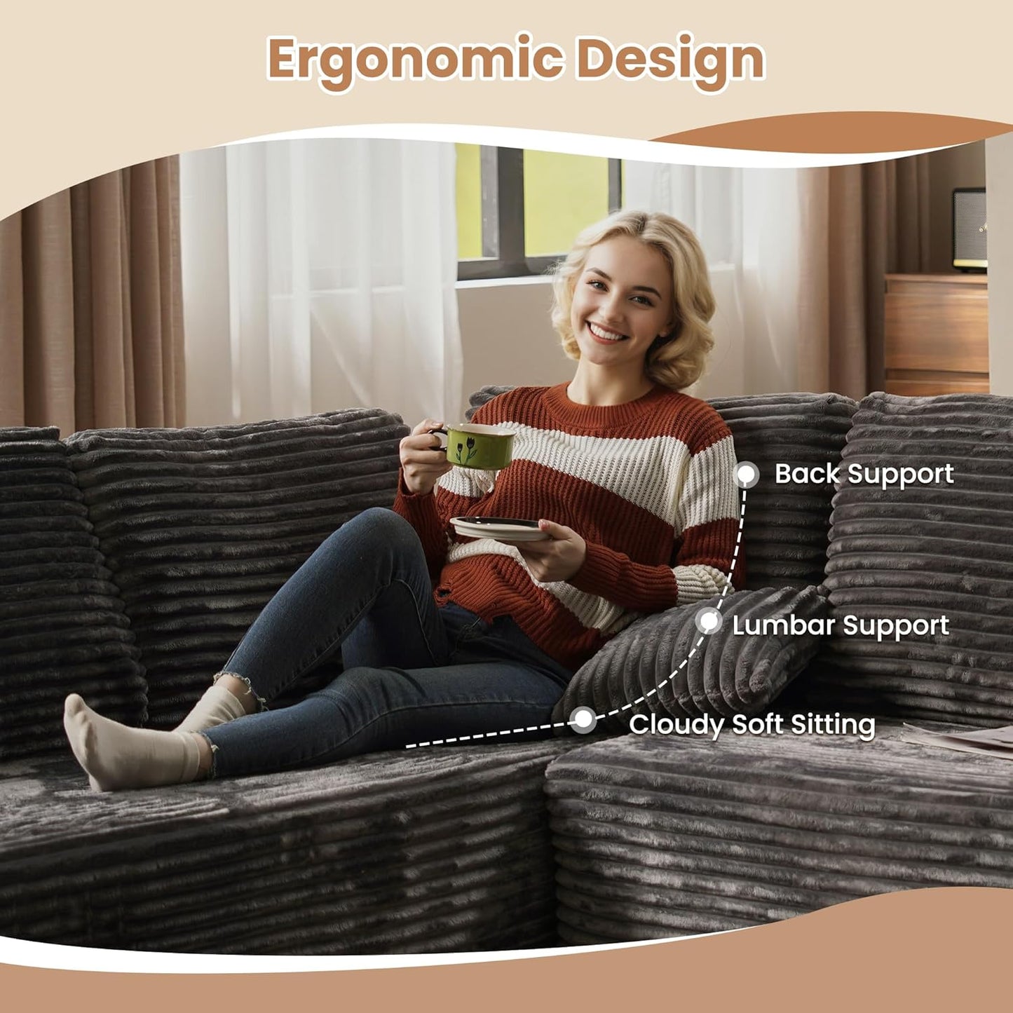 HOOOWOOO Cloud Sectional Couches for Living Room,Modular Sectional Sofa No Assembly,136X133 Inch Plush Corduroy Large G Shaped Floor Couch Set with Deep Seat Chaise Ottoman(Gray)