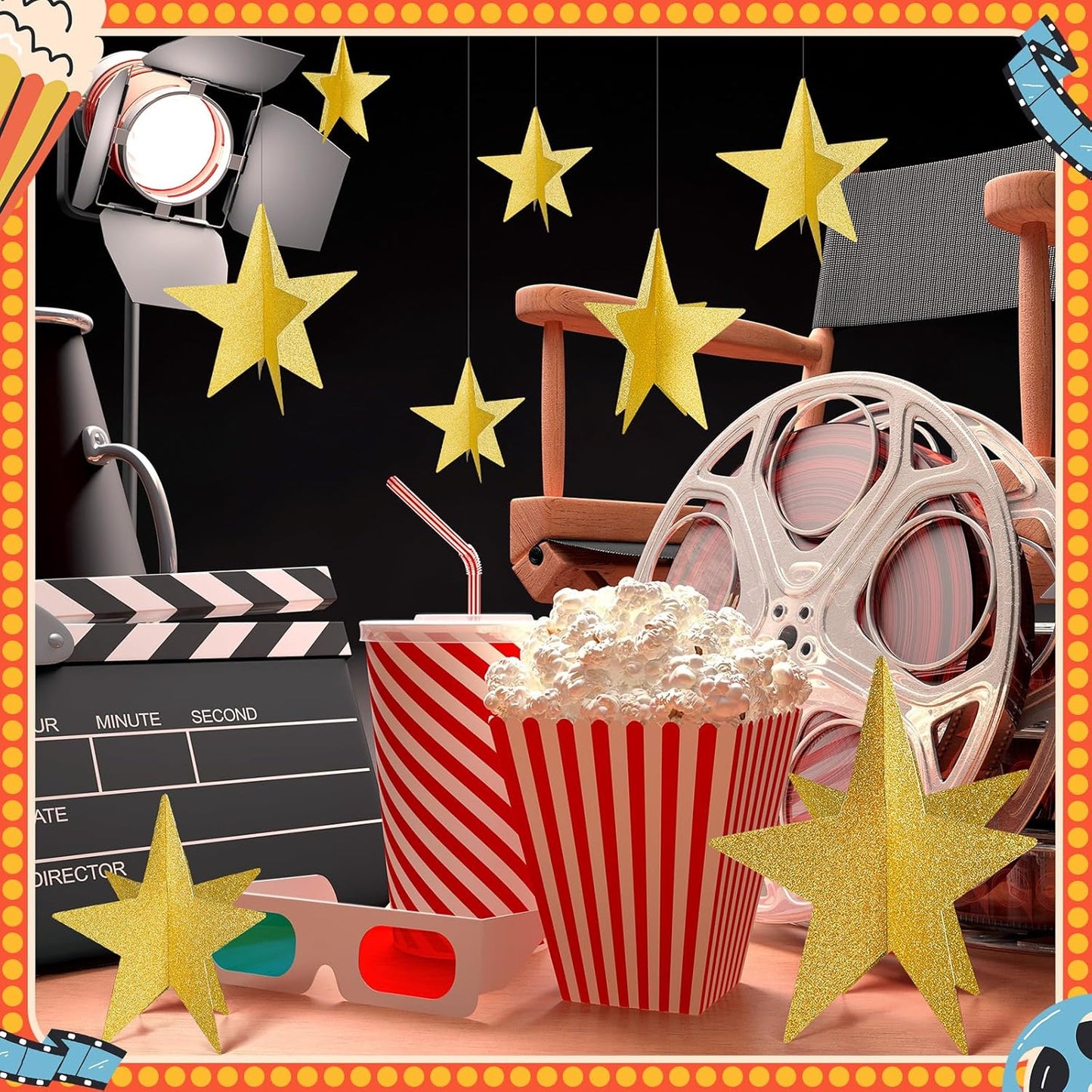 45 Pcs 3D Star Centerpieces Movie Night Decorations for Table in 3 Sizes Hanging Supplies for Red Carpet Film Show Theme Birthday New Year Party First Day of School Table Decor(Gold)