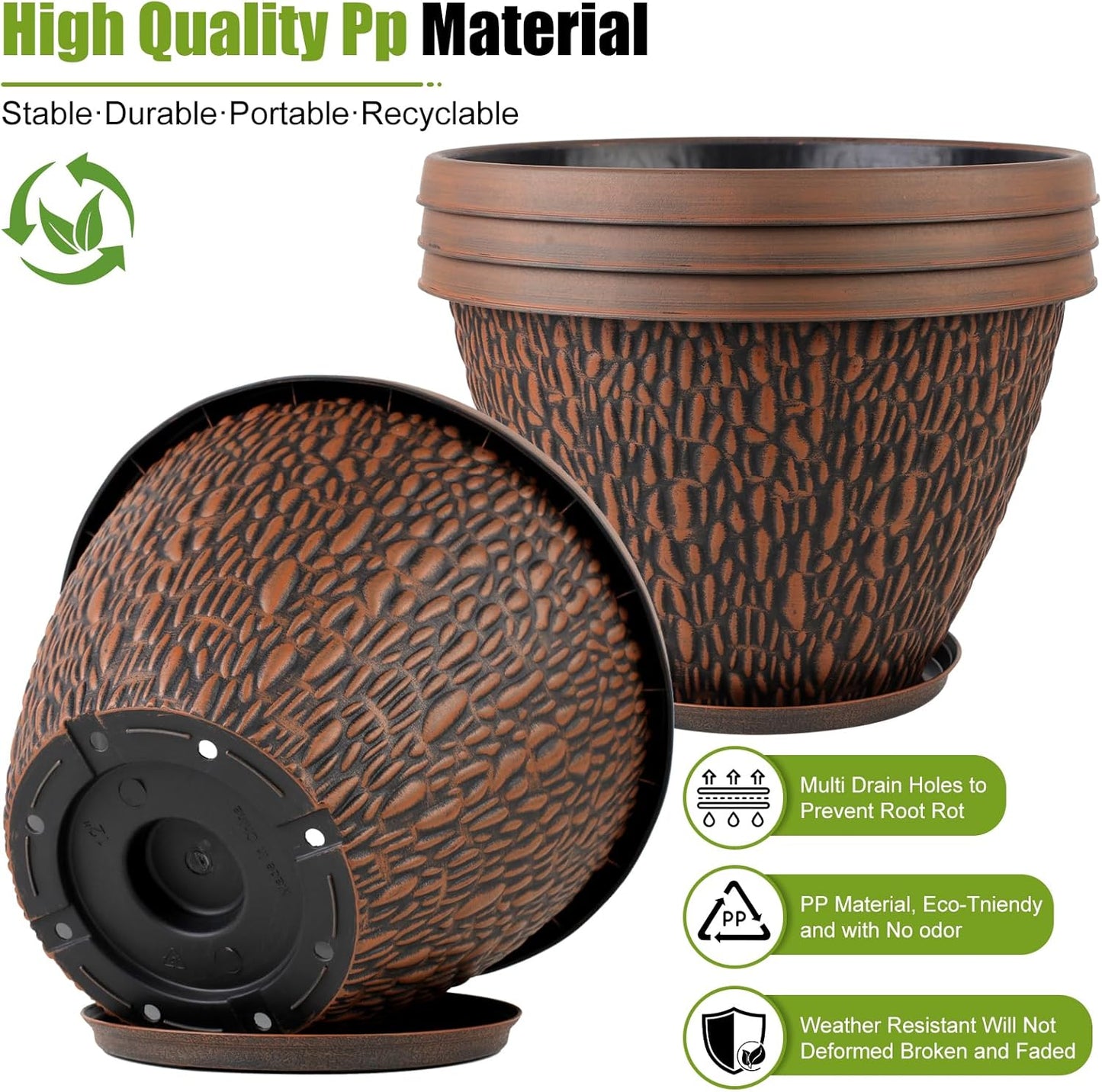 16 Inch Large Outdoor Plant Pot, 4 Pack Thickened Flower Pots with Drainage Holes & Saucer, Pebbles Pattern Design Tree Planters Outdoor for Garden Porch Home