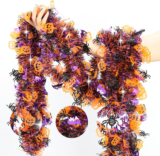 33 FT Halloween Tinsel Garland Decorations,Orange Purple Black Halloween Garland with Pumpkins, Bat, Spider Shiny Metallic Garlands for Indoor Outdoor Decorations
