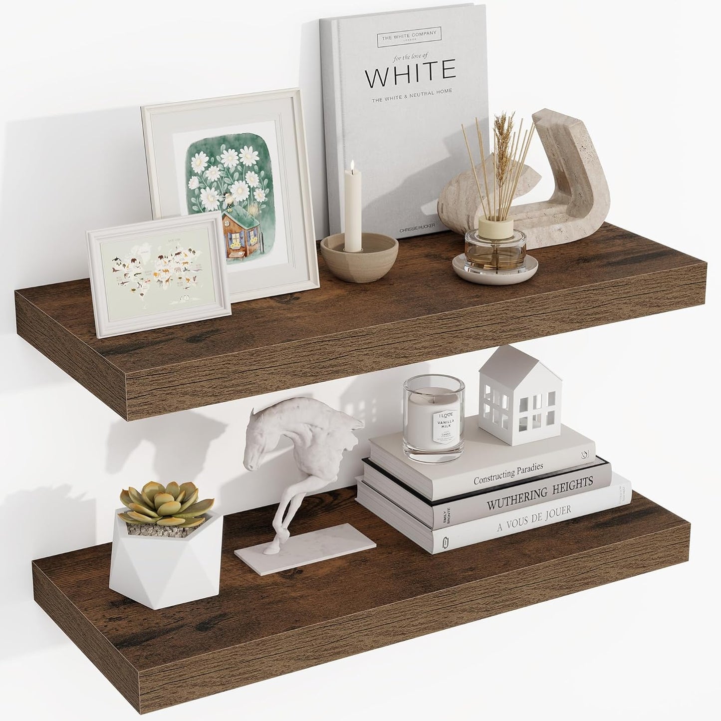 24 Inch Floating Shelves, 24"x9.25"x1.5" Inch Deep Floating Shelves for Wall, Wooden Shelves for Bathroom, Bedroom, Living Room, Brown