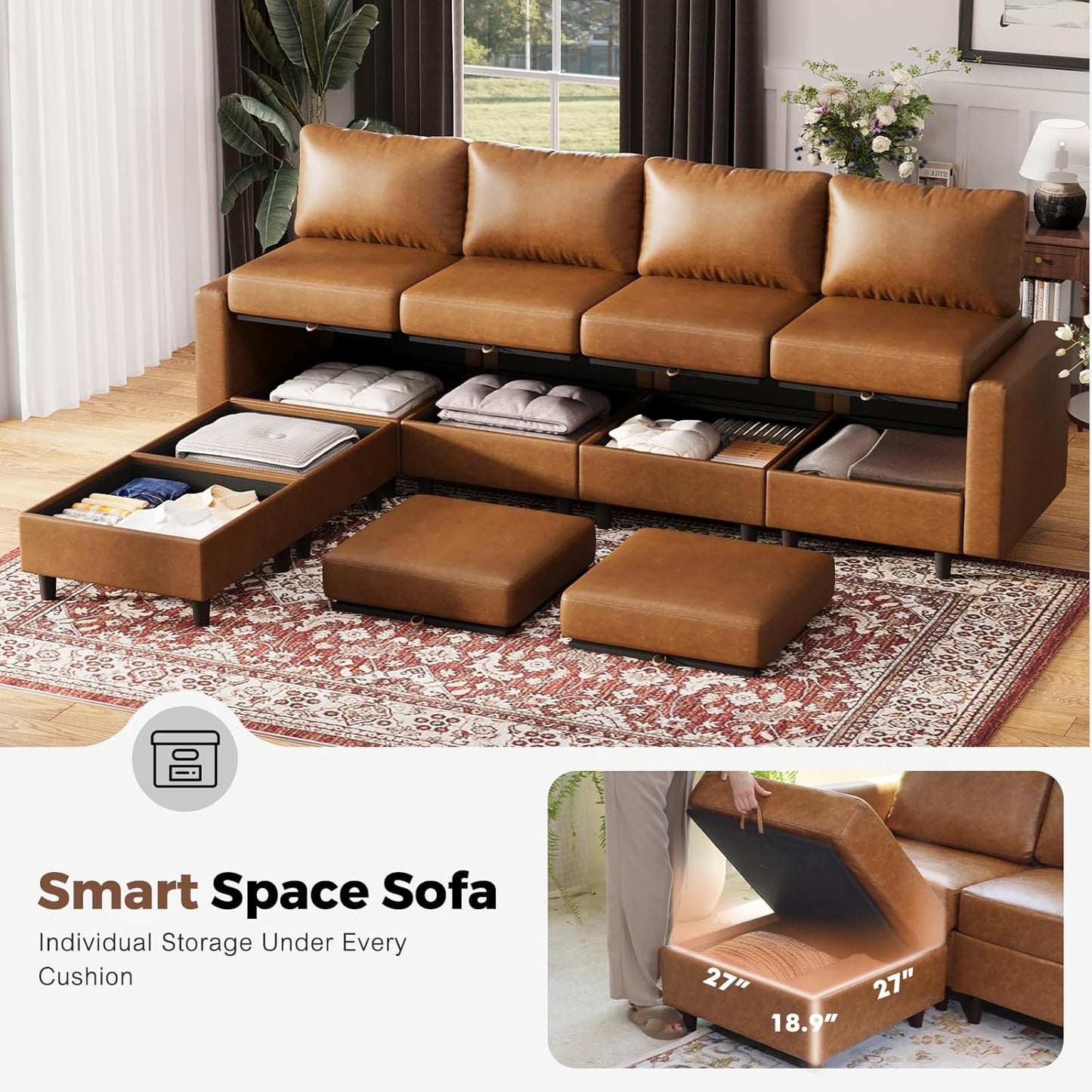 118.5" Luxury Modular Sleeper Sofa Bed with Storage Seat, 8 Seat Sectional Couch Deep Seat with Reversible Chaises & Removable Cover - Brown Faux Leather