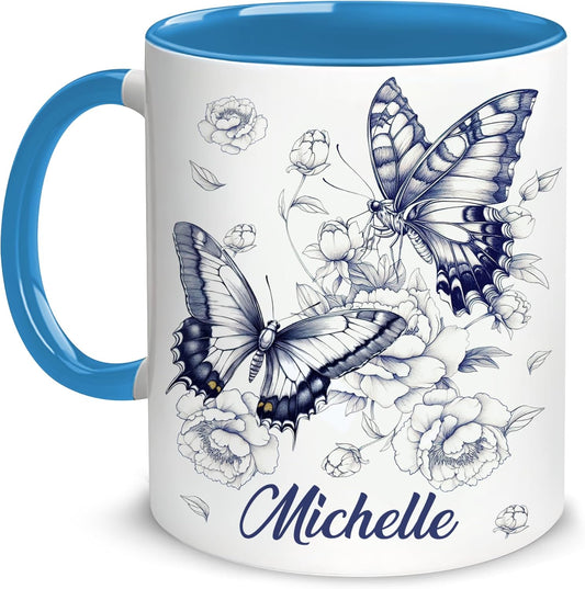 Hyturtle Personalized Blue Butterfly Mug - Butterfly Gifts For Women Lovers - Animal Gift For Bird Lover Her - Bird Gifts For Mom on Mother Day - Custom Name Coffee Cup Ceramic Mug 11 Oz 15 Oz