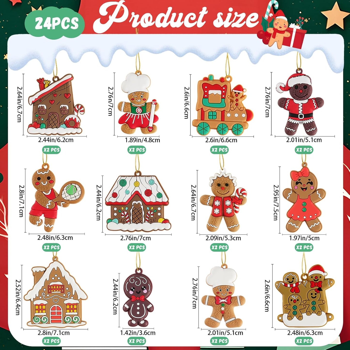 24pcs Gingerbread Man Ornaments for Christmas Tree, Assorted Gingerbread Figurines Decorations with Gingerbreads House Ornaments for Holiday Christmas Tree Home Decor