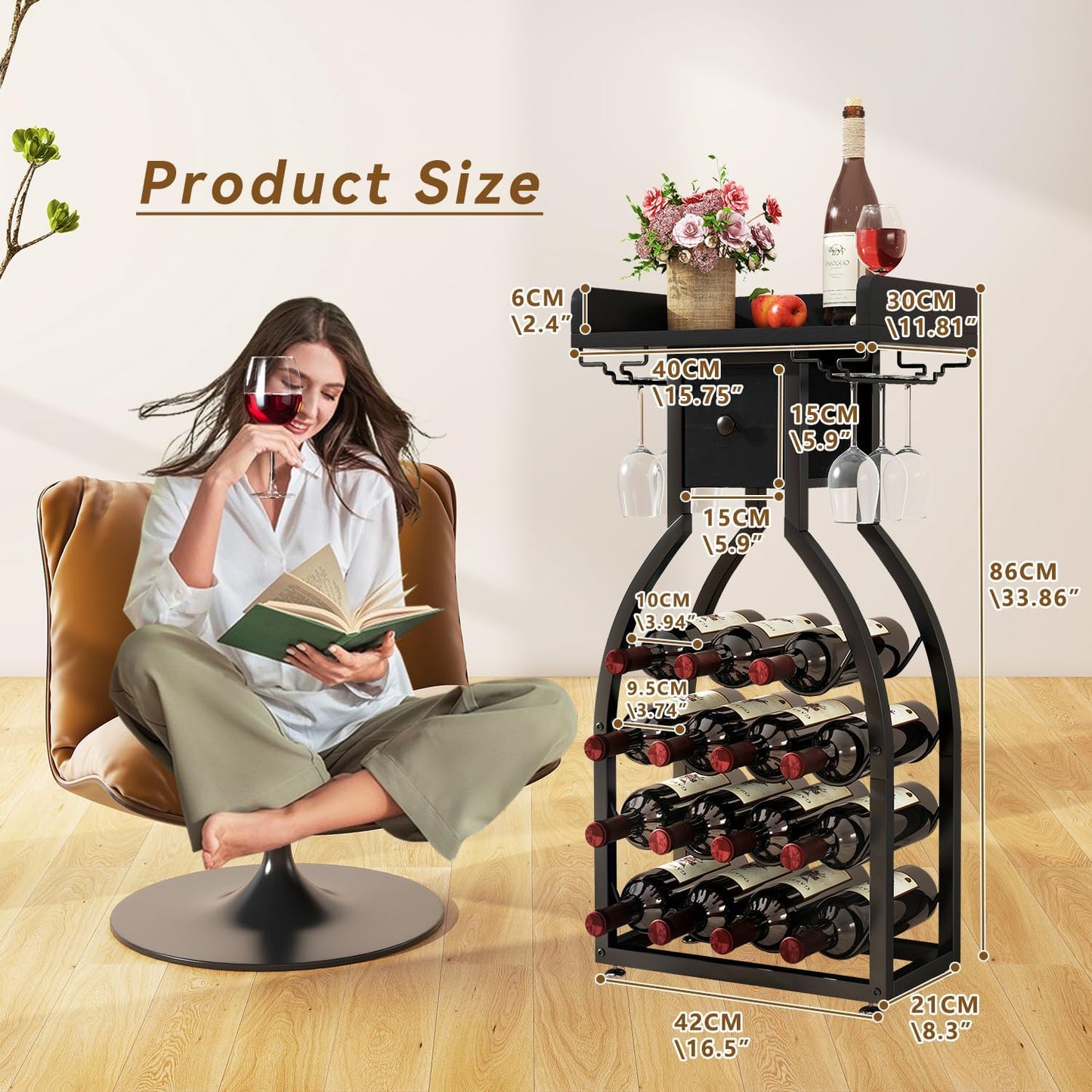 IBUYKE Wine Rack Freestanding Floor,Wine Storage 15 Bottles Bottle Rack with Glass Holders, Mini Bar Wine Cabinet with Storage Drawer for Home Bar Kitchen Dining Room,Black,UTMJ908B