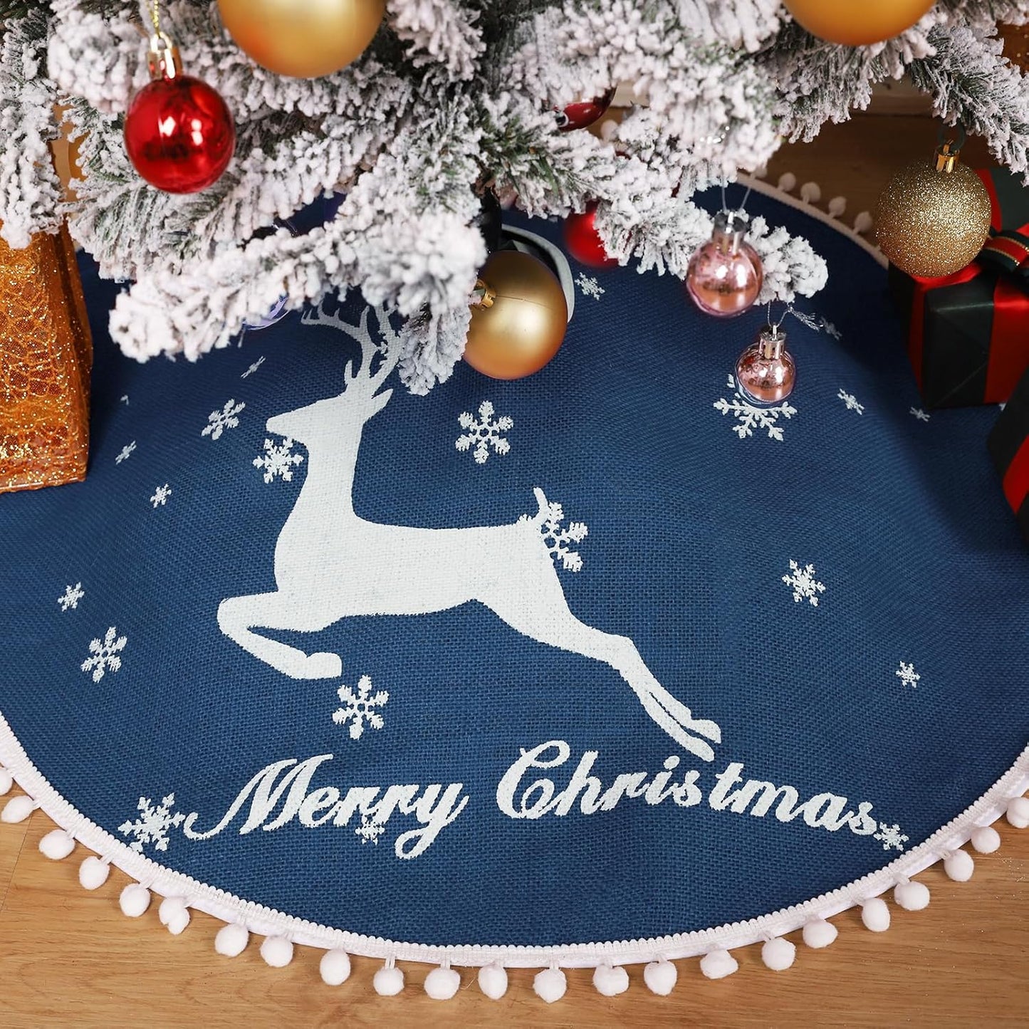 30 Inch Christmas Tree Skirt, Burlap Blue Christmas Rustic Tree Skirt with Elk Deer and White Snowflake Printed for Holiday Party Xmas Tree Decoration