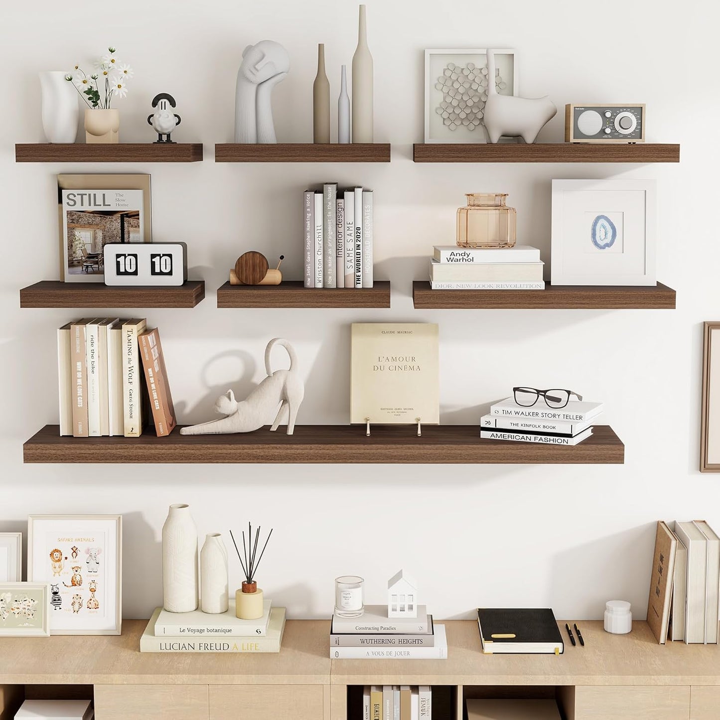 55 Inch Floating Shelves, 55"x9.25"x1.5" Inch Deep Floating Shelves for Wall, Wooden Shelves for Bathroom, Bedroom, Living Room, Walnut