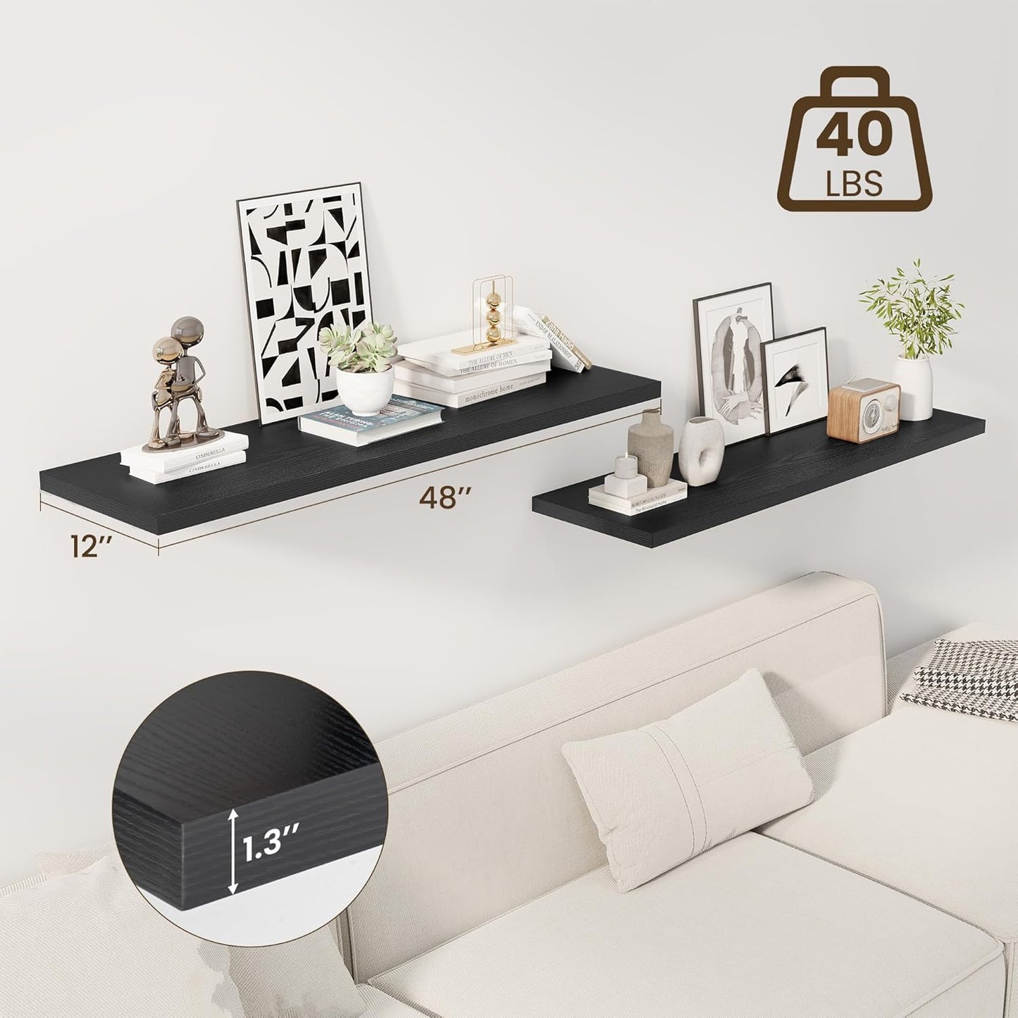 48" Floating Shelves for Wall, 12" Deep Slim Black Floating Shelves, Wall-Mounted Shelves for Bedroom, Living Room, Kitchen, Bathroom - Set of 2