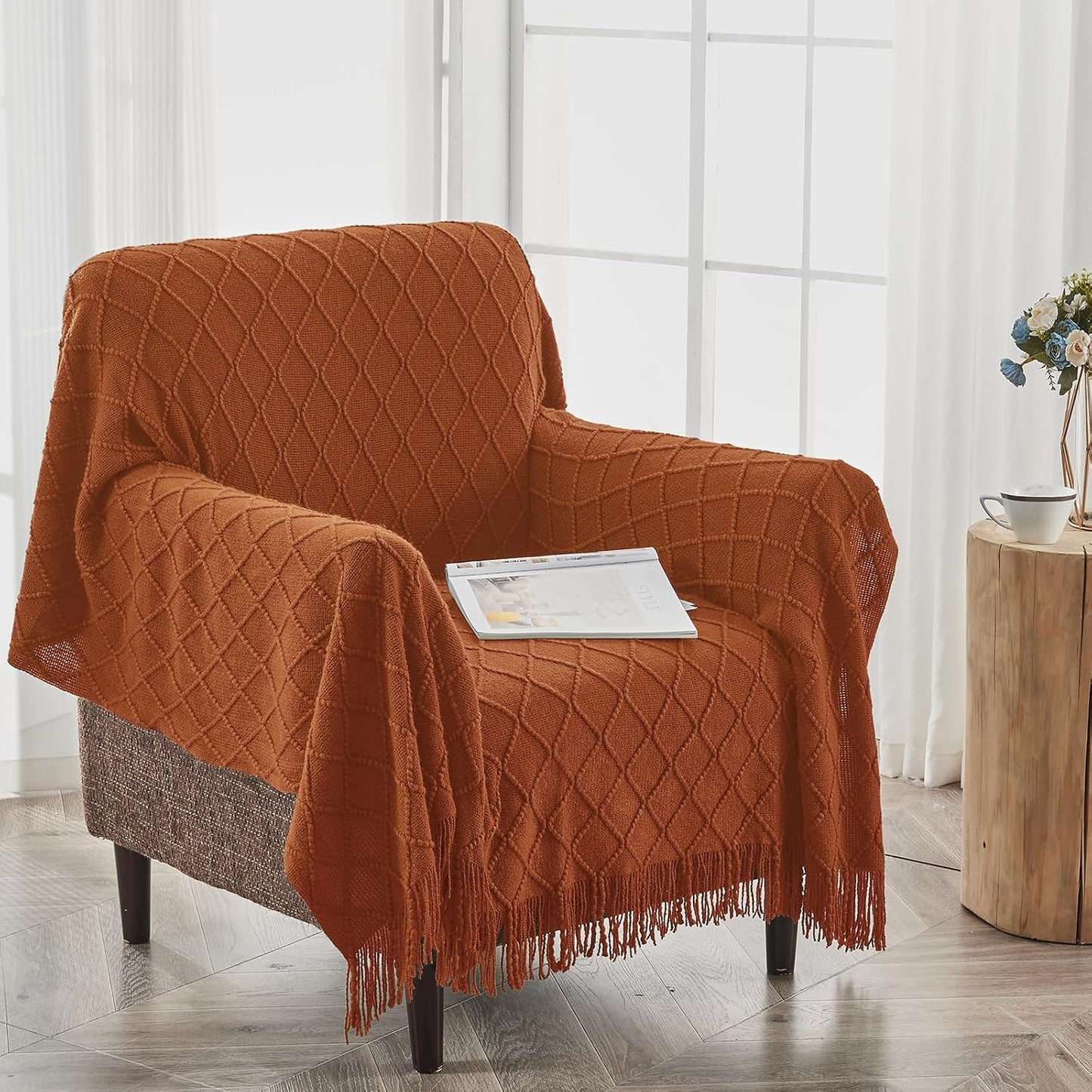 inhand Knitted Throw Blankets for Couch and Bed, Soft Cozy Knit Blanket with Tassel, Orange Rust Lightweight Decorative Blankets and Throws, Farmhouse Warm Woven Blanket for Men and Women, 50"x60"