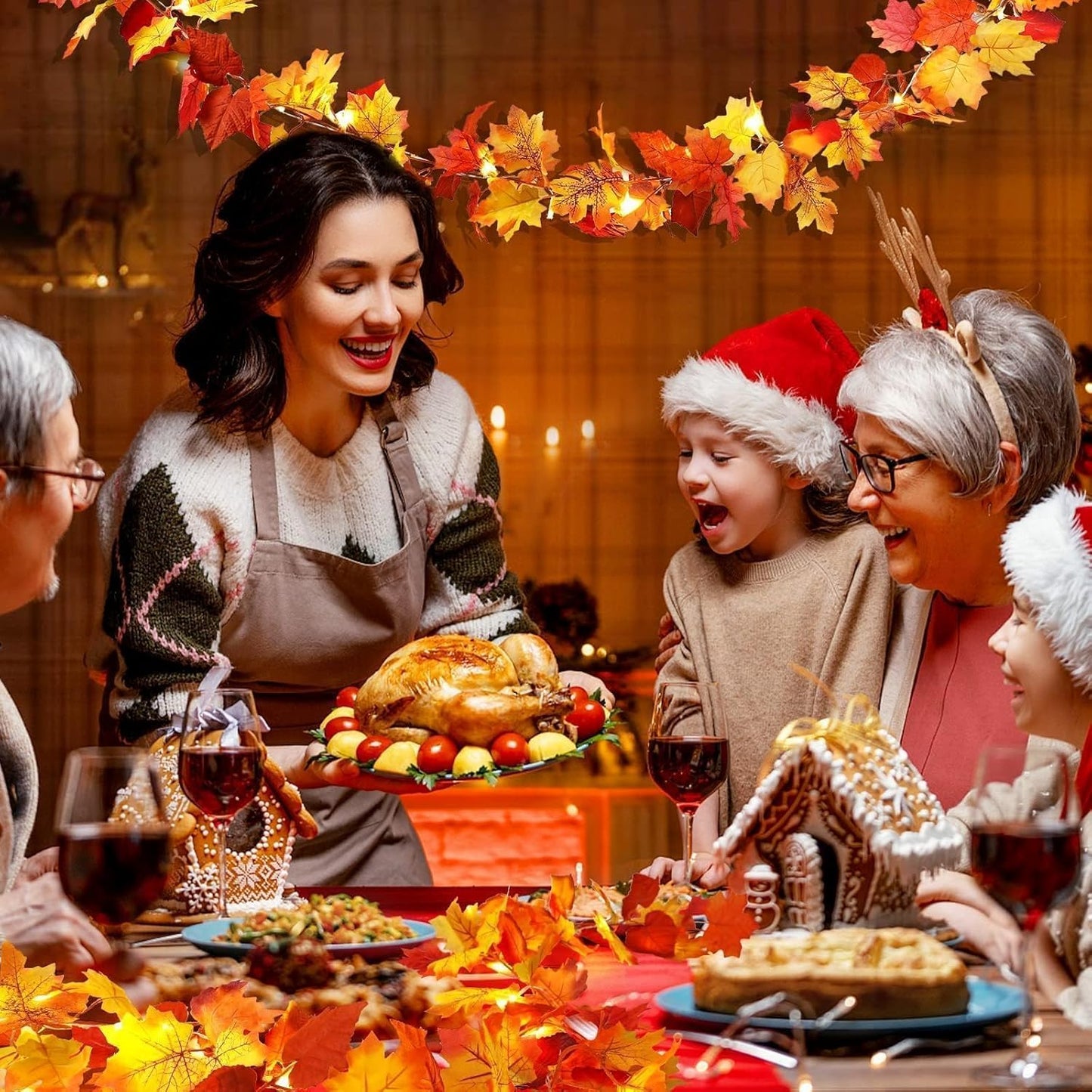 4 Pack Fall Decor Garland - Fall Thanksgiving Decorations for Home - 23.6Ft Maple Leaves Garland with Lights Battery Operated for Mantle Fireplace Table Indoor Outdoor Autumn Halloween Christmas Decor