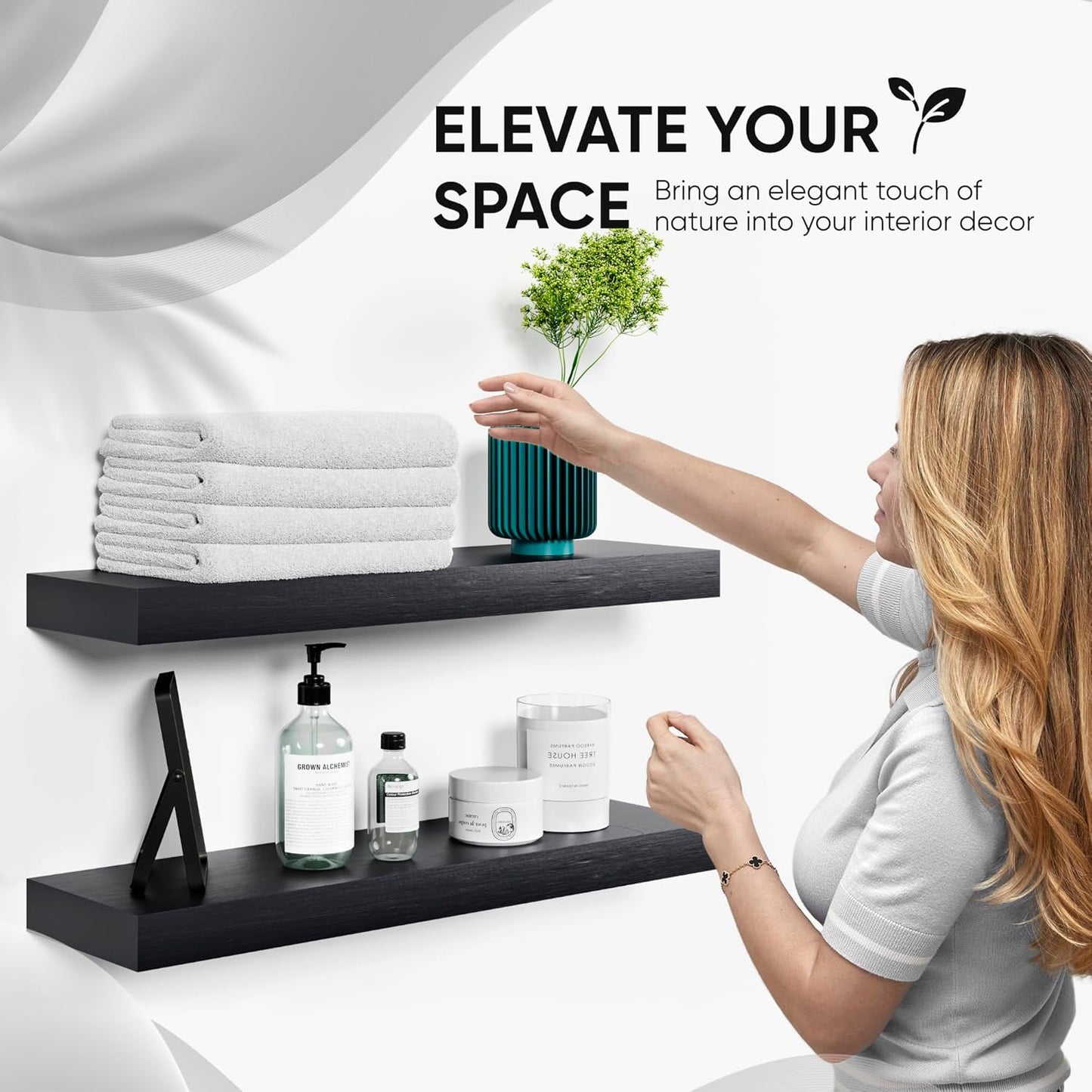 Homeforia Black Floating Shelves 24 inch, High End Solid Real Wood 24inch Bathroom Floating Shelf for Wall Mounted, Black Wooden 24in Floating Shelves, Heavy Duty Bracket, 24 X 6.5 X 1.75 in, Set of 2