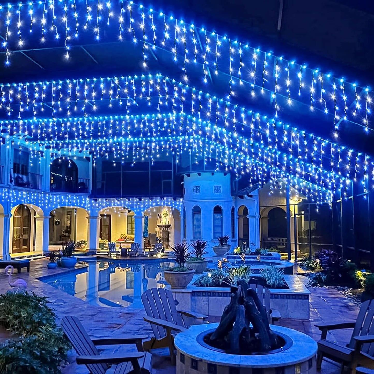 Icicle Christmas Lights Outdoor, 66ft 640 LED Blue and White Christmas Lights 8 Modes with 120 Drops, Waterproof Icicle Light Plug in for Indoor Outside Party Holiday Xmas Halloween Decorations