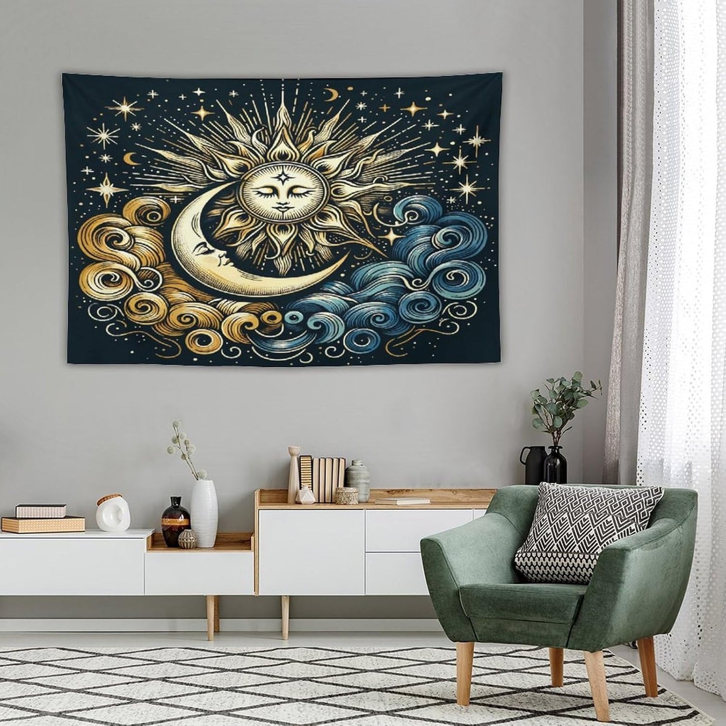 HZOHNAGO Sun Moon Tapestry Boho Golden Stars Pattern Printed Wall Tapestry Wall Hanging for Bedroom Living Room Dorm 90" W x 60" H