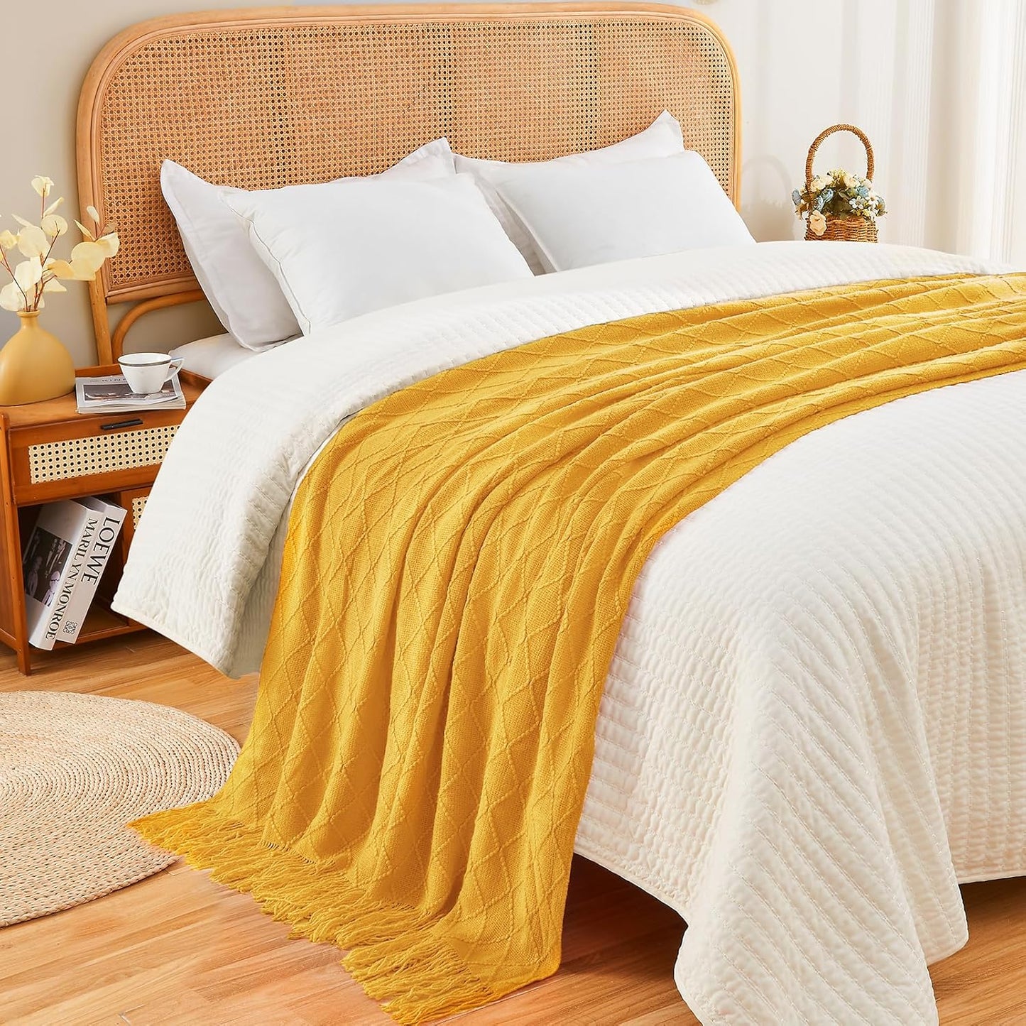 inhand Knitted Fall Throw Blanket for Couch and Bed, Knit Fall Decor Halloween Blanket with Tassel, Mustard Yellow Lightweight Decorative Farmhouse Warm Woven Blankets and Throws for Women, 60"x80"