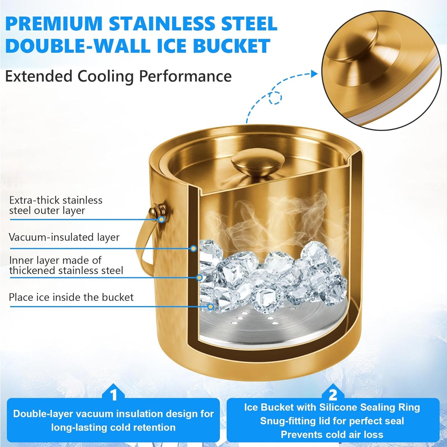 Ice Bucket, Gold Ice Bucket 3L with Silicone Sealing Ring Double-Wall Vacuum Insulation Champagne Buckets with Filter Layer Ice Tongs Ice Scoop (Gold, 3 L)