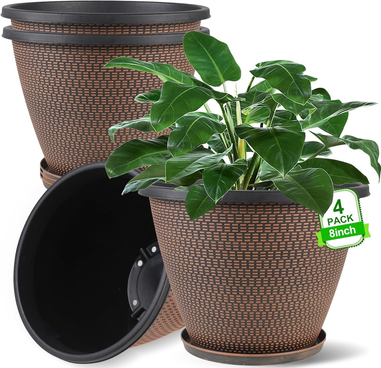 4 Pack 8 inch Plant Pot, Plastic Pots for Plants Indoor, Round Planters for Outdoor Plants with Drainage Holes & Trays, Decorative Flower Pots Garden Containers Sets for Houseplants (Black Copper)