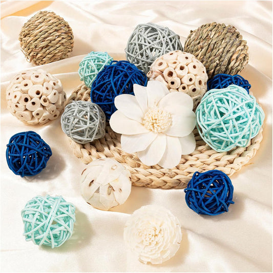 15Pcs Blue and White Decorative Balls for Potpourri Bowl Filler, Bowl Filler for Table Centerpiece Home Decor, Woven Rattan Wicker Balls, Rattan Wicker Orbs Fillers for Vase Jar Dough Bowl
