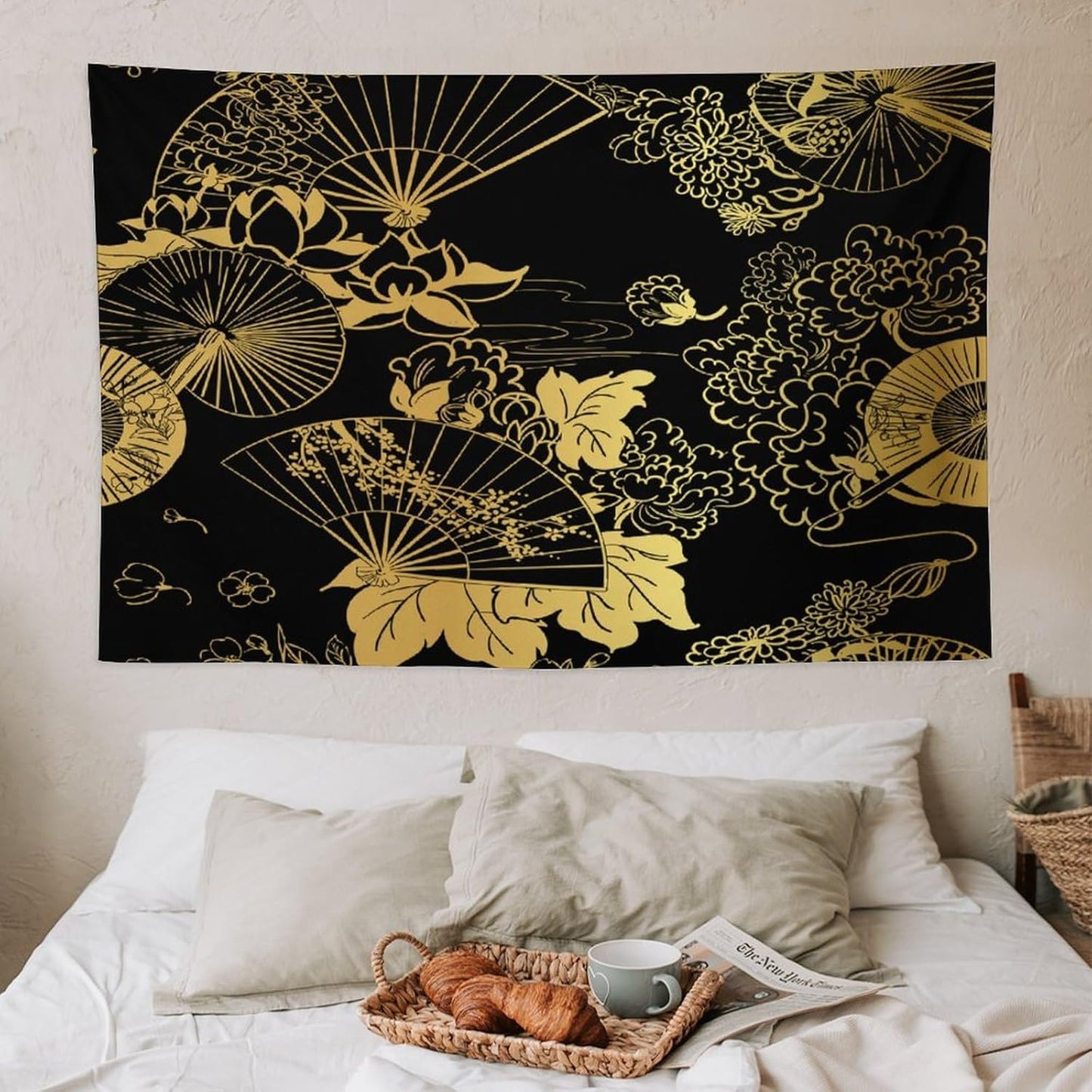 HZOHNAGO Japanese Tapestry Gold Flowers Umbrella Fan Pattern Printed Wall Tapestry Painting Wall Hanging for Bedroom Living Room Dorm 60" W x 40" H