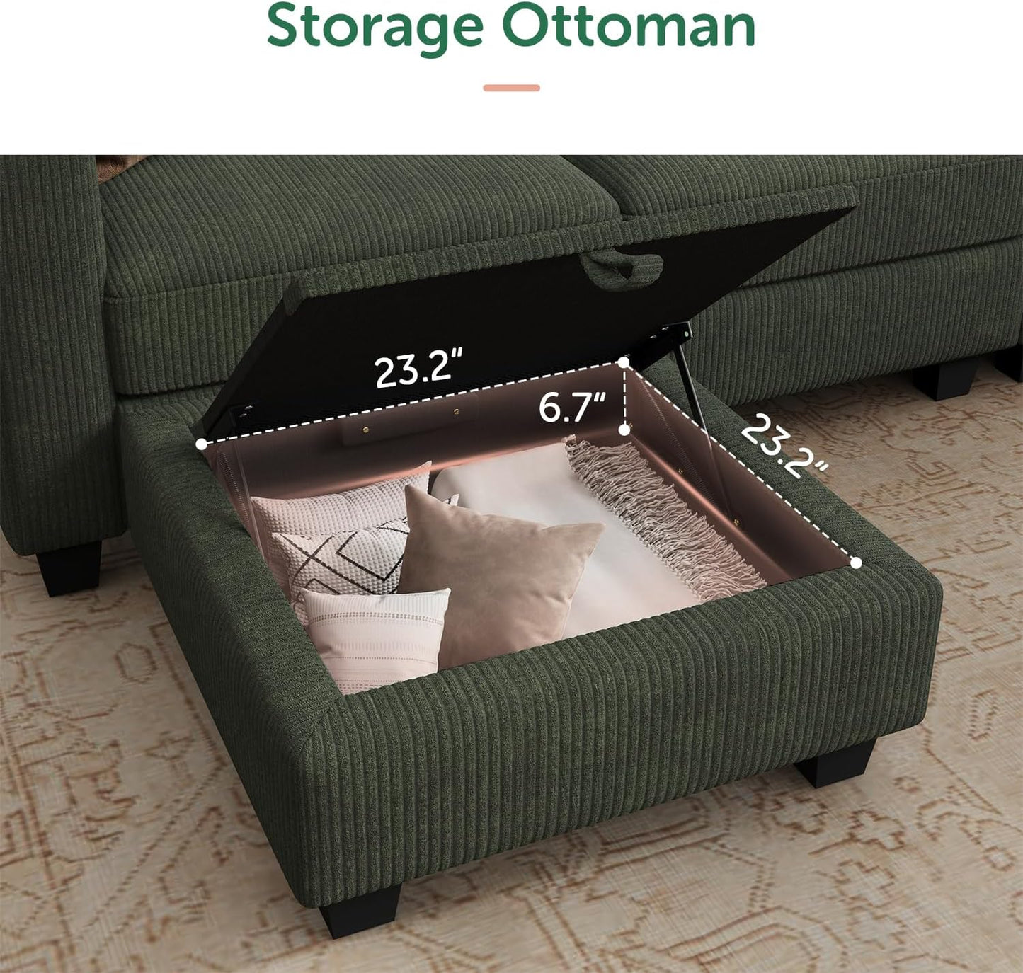 HONBAY U-Shaped Corduroy Sectional Couch with 6 Seaters Modular Sectional Sofa with Storage Sectional Couches for Living Room, Green