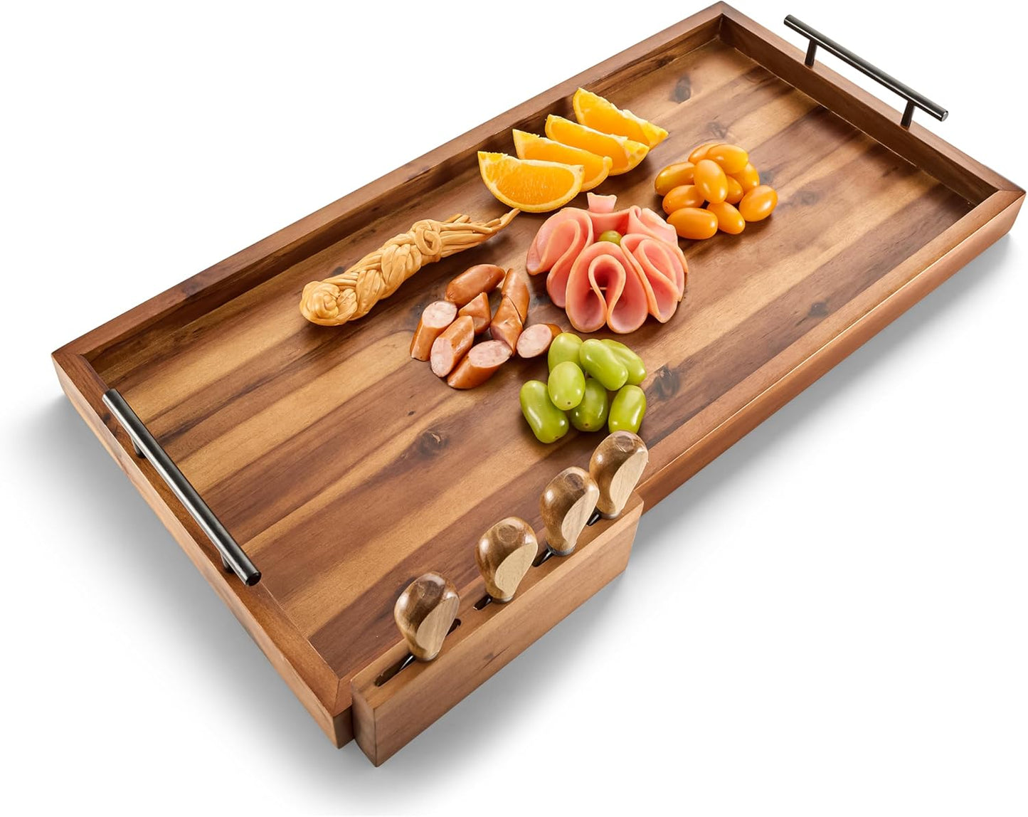 24" Large Charcuterie Tray with Handles, Extra Long Wooden Serving Cheese Boards - Serving Platter for Meat, Party Appetizers, Outdoor & Fruits Display (Acacia Wood)