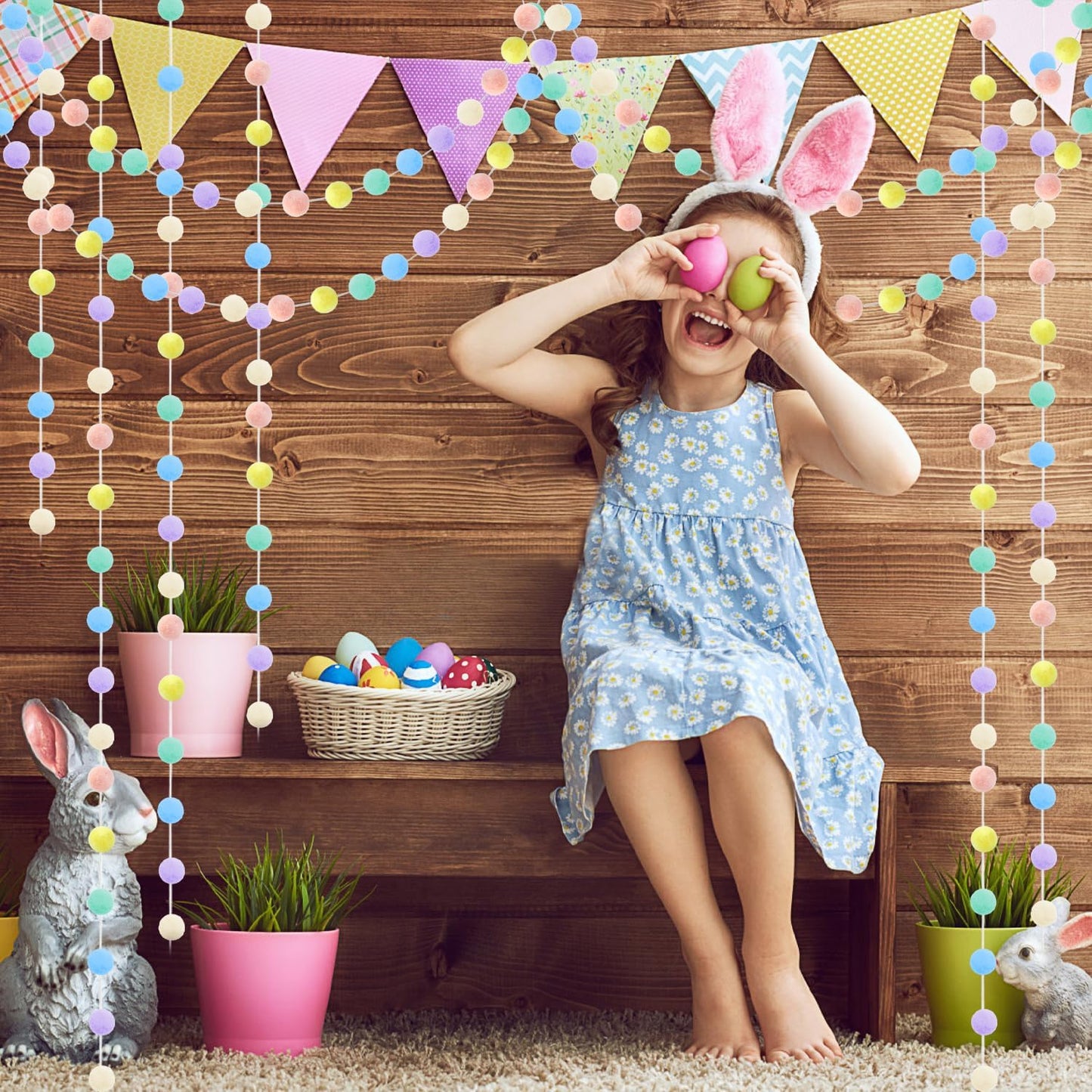 3pk Pastel Pom Pom Garland Easter Decorations Spring Home Decor Indoor Living Room Wall Classroom Xmas Tree, Cute Hanging Rainbow Colorful Felt Ball Garland Baby Shower Wedding Birthday Party Supplies