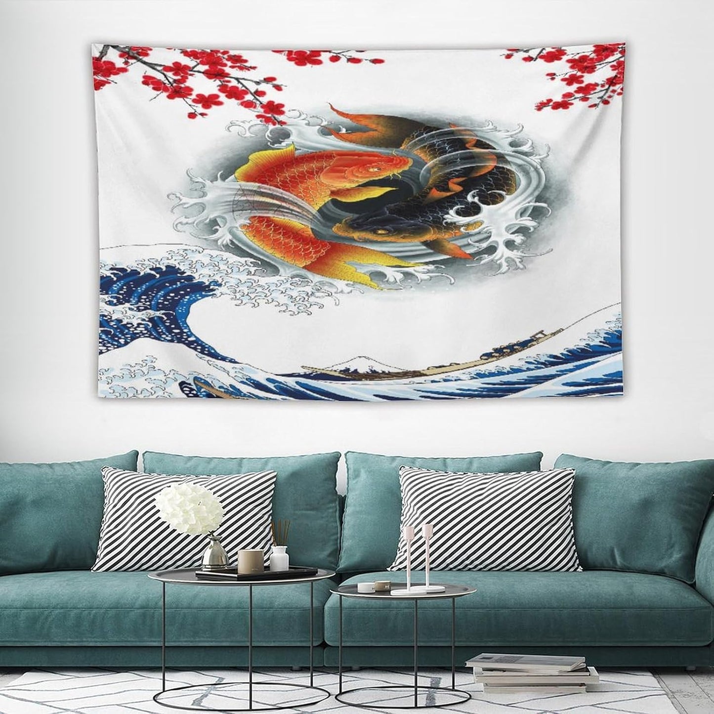 Houselerax Koi Fish Tapestry, Japanese Style Yin Yang Big Wave Cherry Blossoms Tapestries Wall Hanging for Bedroom Living Room Office Decor 90"x60"