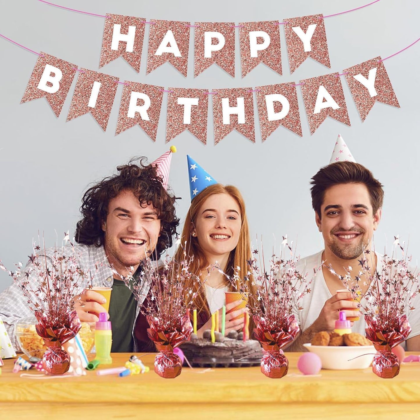 6 Pack Metallic Foil Spray Centerpiece Star Table Decoration Burst Table Centerpieces for Birthday Wedding Anniversary Graduation Holiday Party Supplies Decor, Rose Gold