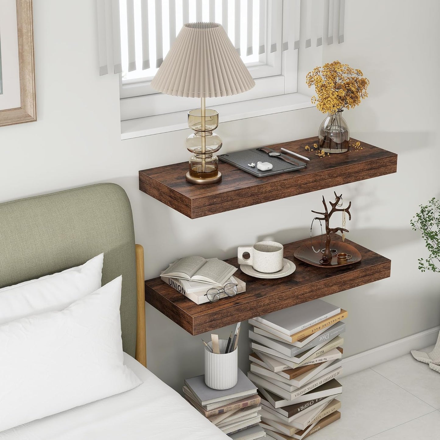 12 Inch Deep Floating Shelves for Wall | 30 Inch Floating Shelves Set of 2 | Rustic Wood Shelves for Living Room Bathroom Laundry Room Bedroom Kitchen Home Office - Rustic Brown