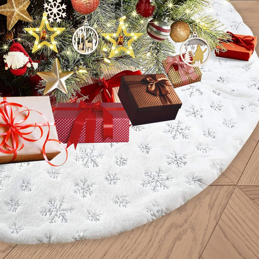 48inch White Christmas Tree Skirt Tree Carpet Blanket, Soft 4ft Xmas Christmas Tree Blanket with Silver Snowflake White Faux Fur Carpet for Christmas Holidays