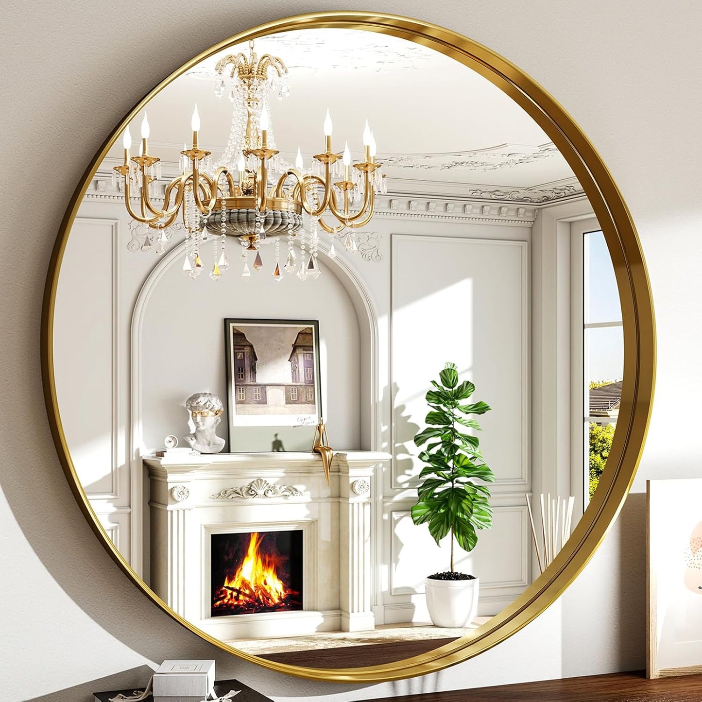 48 Inch Round Bathroom Mirror - Wall Mounted Circle Mirror with Metal Frame, Modern Mirror Suitable for Bathroom, Vanity, Entryway, Living Room, Wall Decor,Gold
