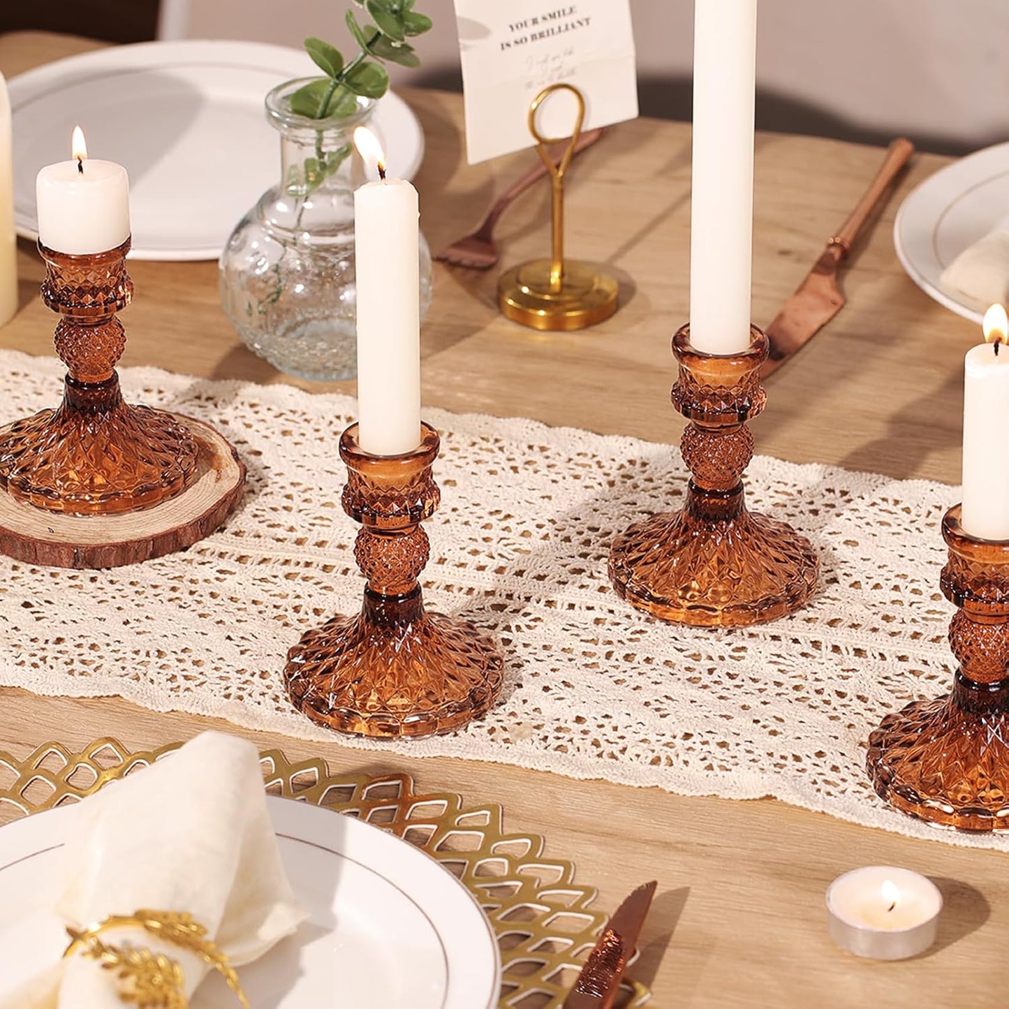 12Pcs Amber Candlestick Holders Set- 4" H Taper Candle Holders Bulk, Glass Candle Holders for Wedding, Party, Fall Dinner Table Centerpieces, Festival Gifts & Windowsill Decor