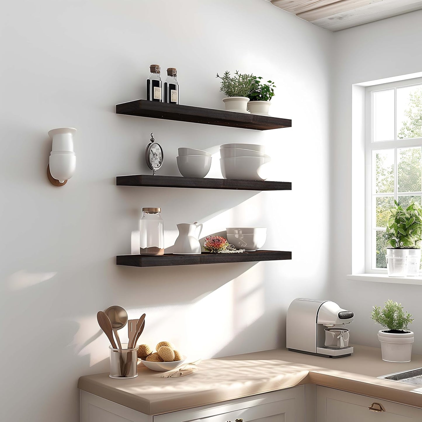 24 Inch Floating Shelves for Wall Rustic Brown Wood Wall Shelves for Bedroom Set of 4