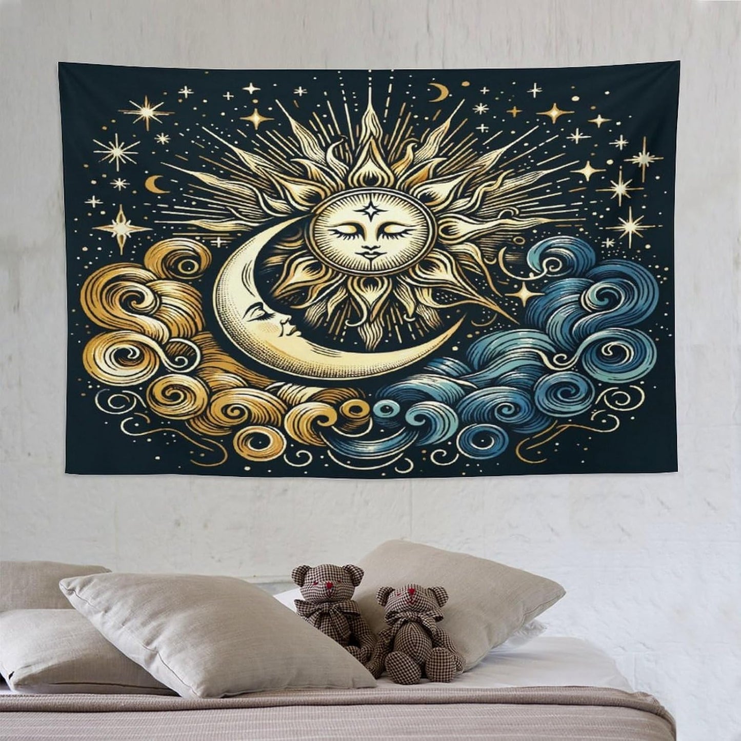 HZOHNAGO Sun Moon Tapestry Boho Golden Stars Pattern Printed Wall Tapestry Wall Hanging for Bedroom Living Room Dorm 90" W x 60" H