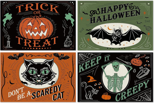 4Pcs Halloween Placemats Pumpkin Bat Black Cat Skeleton Table Mat Vintage Decorative Place Mats for Party Table Setting Decor, 12 x 18 Inch