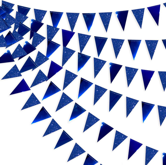 30 Ft Royal Blue Party Decorations Navy Blue Metallic Glitter Paper Triangle Banner Flag Garland Pennant Bunting for Graduation Birthday Wedding Bridal Shower Ahoy Achor Nautical Theme Party Supplies