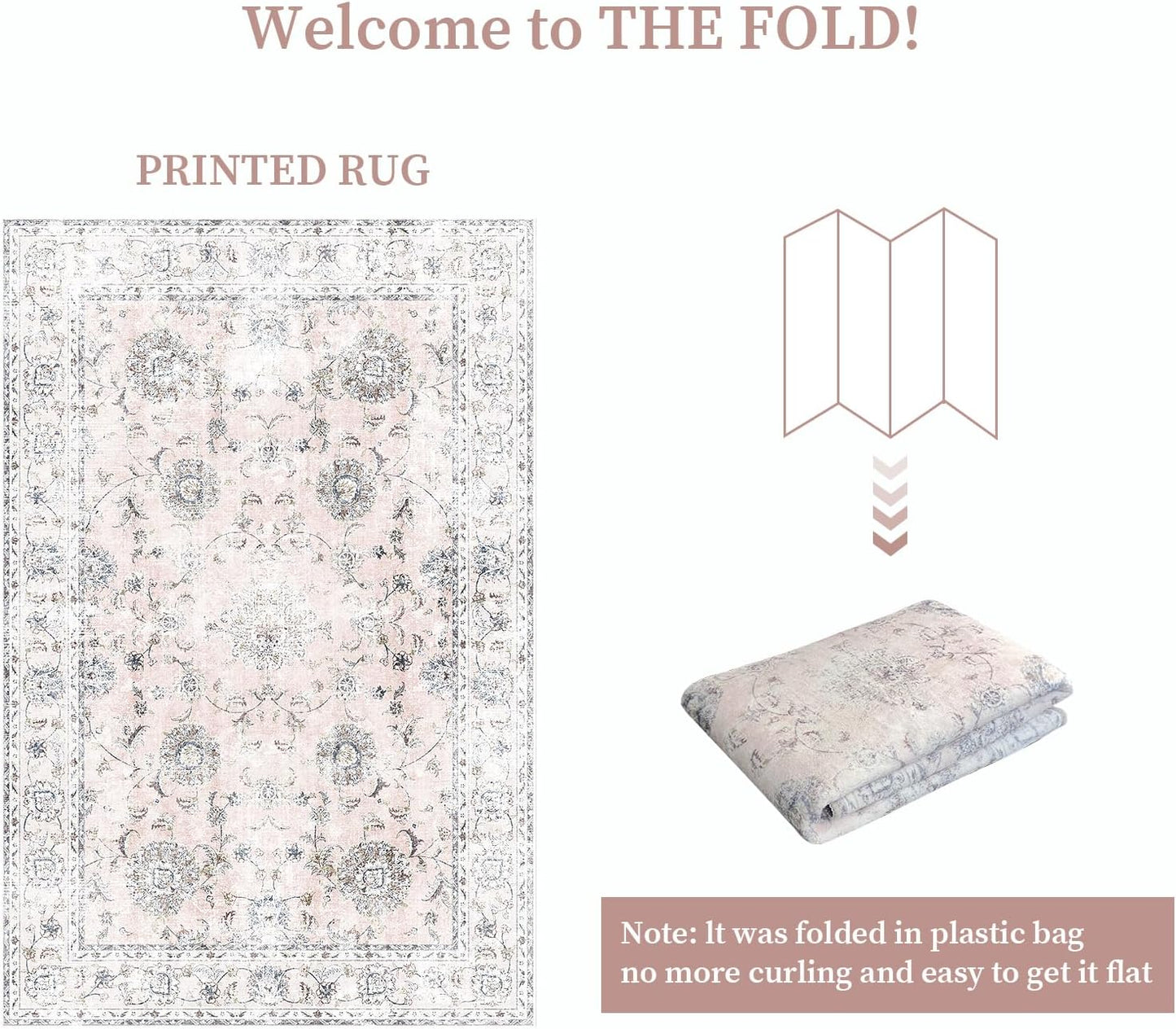 3'x5' Vintage Floral Rug - Persian Inspired Low-Pile Faux Wool Area Rug, Non-Slip Washable Small Rug for Bedroom, Nursery, Dorm, Soft Pink Boho Chic Decor