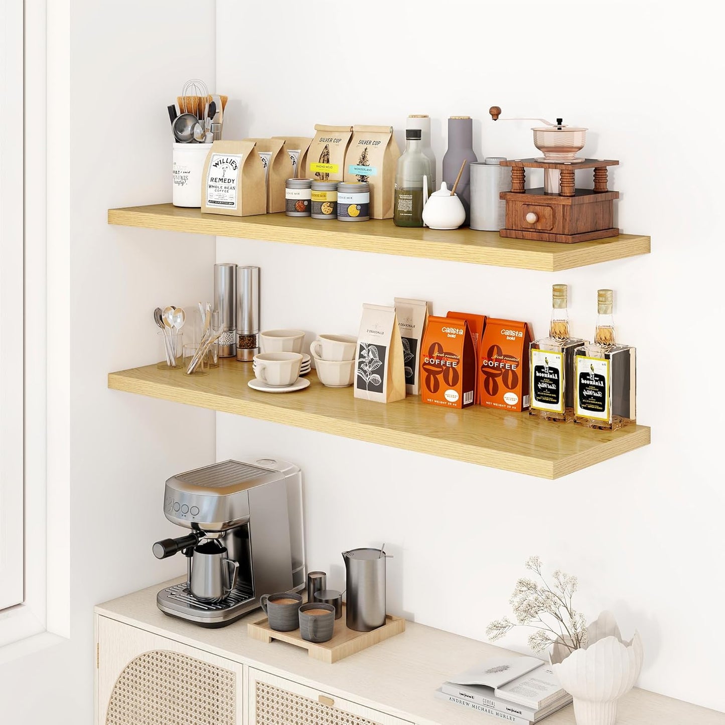 48" Floating Shelves for Wall, 12" Deep Slim Oak Floating Shelves, Wall-Mounted Shelves for Bedroom, Living Room, Kitchen, Bathroom - Set of 2