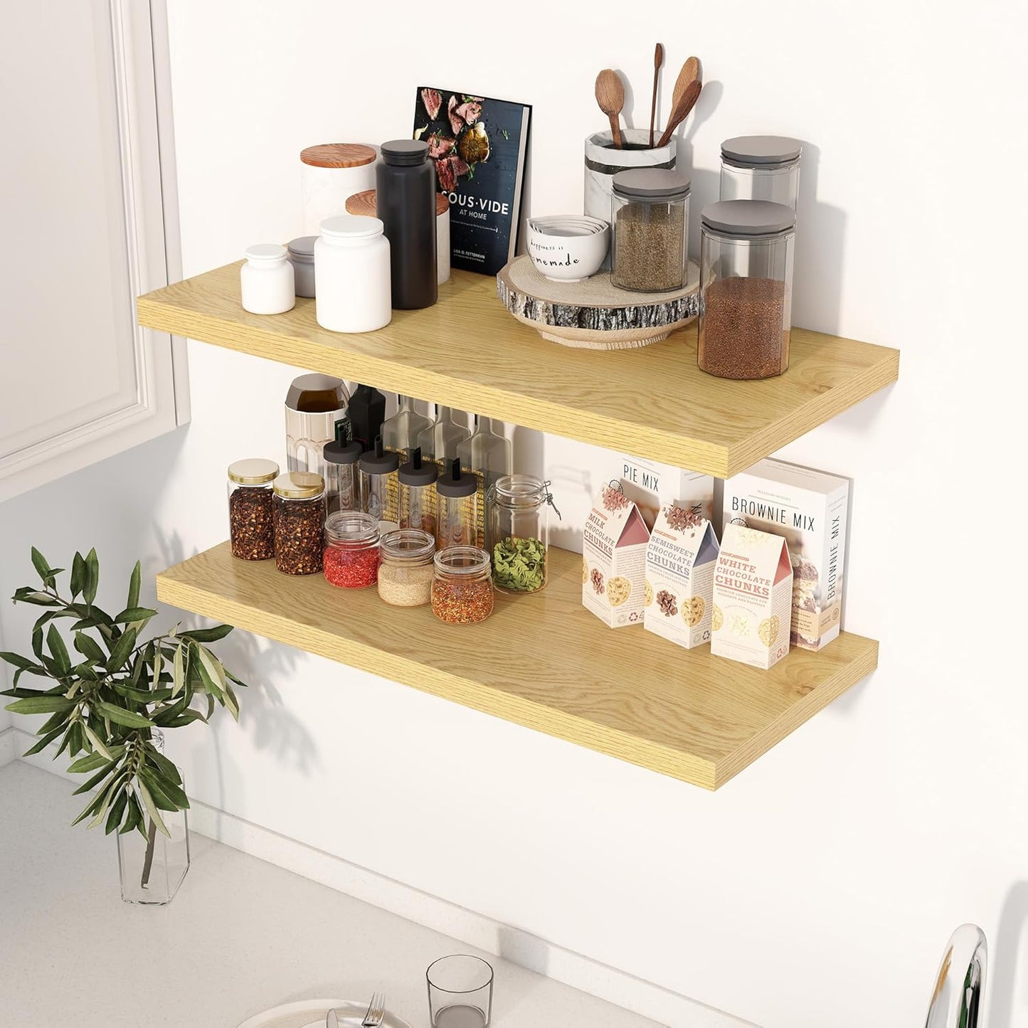 30" Floating Shelves for Wall, 12" Deep Slim Oak Floating Shelves, Wall-Mounted Shelves for Bedroom, Living Room, Kitchen, Bathroom - Set of 2