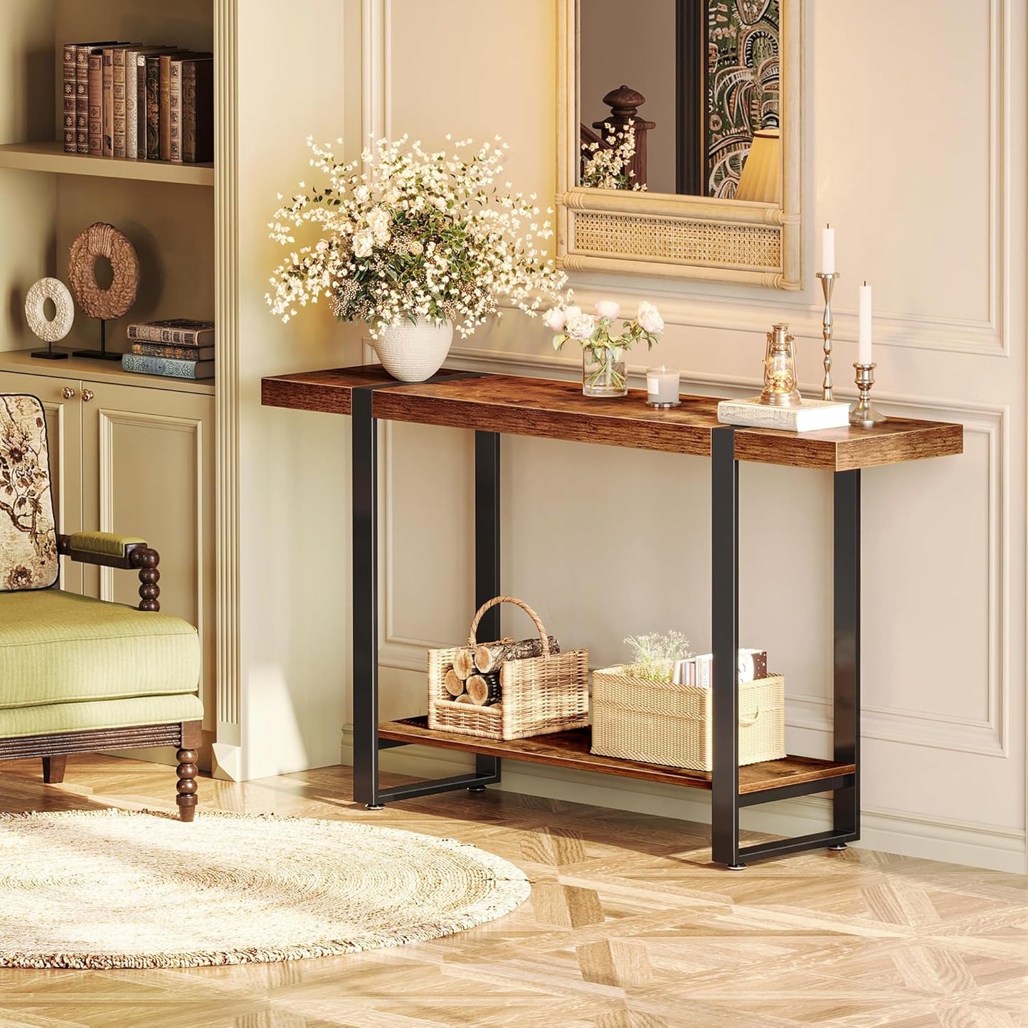 Huuger 47.2 Inch Entryway Table, 2-Tier Industrial Console Sofa Table, Accent Table with Storage, for Entry, Hallway, Entrance, Foyer, T-Shaped Metal Frame, Rustic Brown