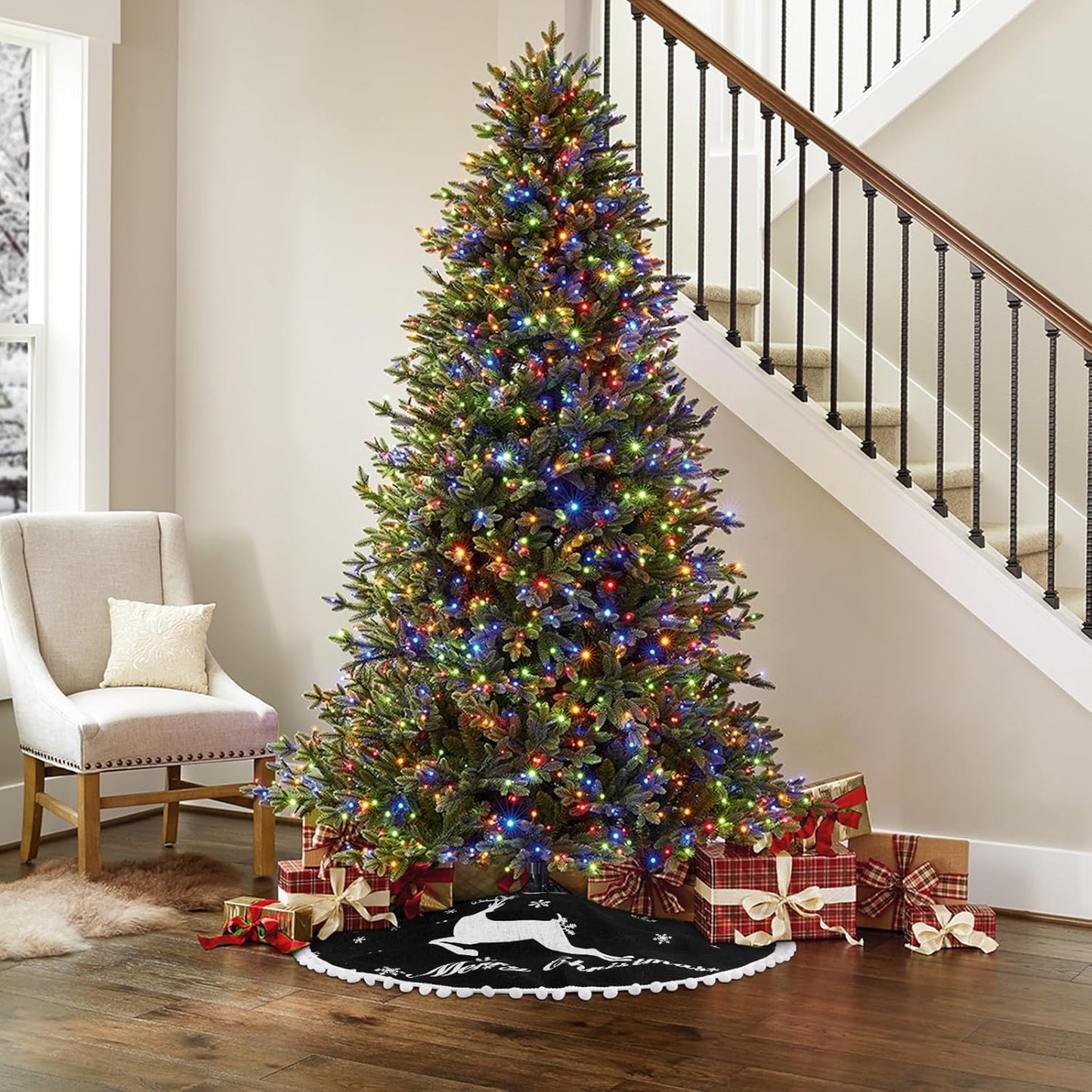 24 Inch Christmas Tree Skirt, Burlap Black Christmas Rustic Tree Skirt with Elk Deer and White Snowflake Printed for Holiday Party Xmas Tree Decoration