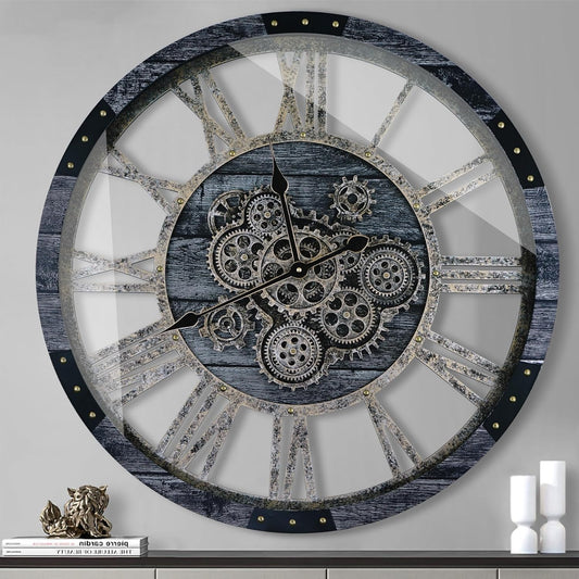 40 Inch Oversized Moving Gear Wall Clock, Large Wall Clock Living Room Decor, Solid Wood Frame, Battery Operated, Steampunk Industrial for Fireplace (Gray)
