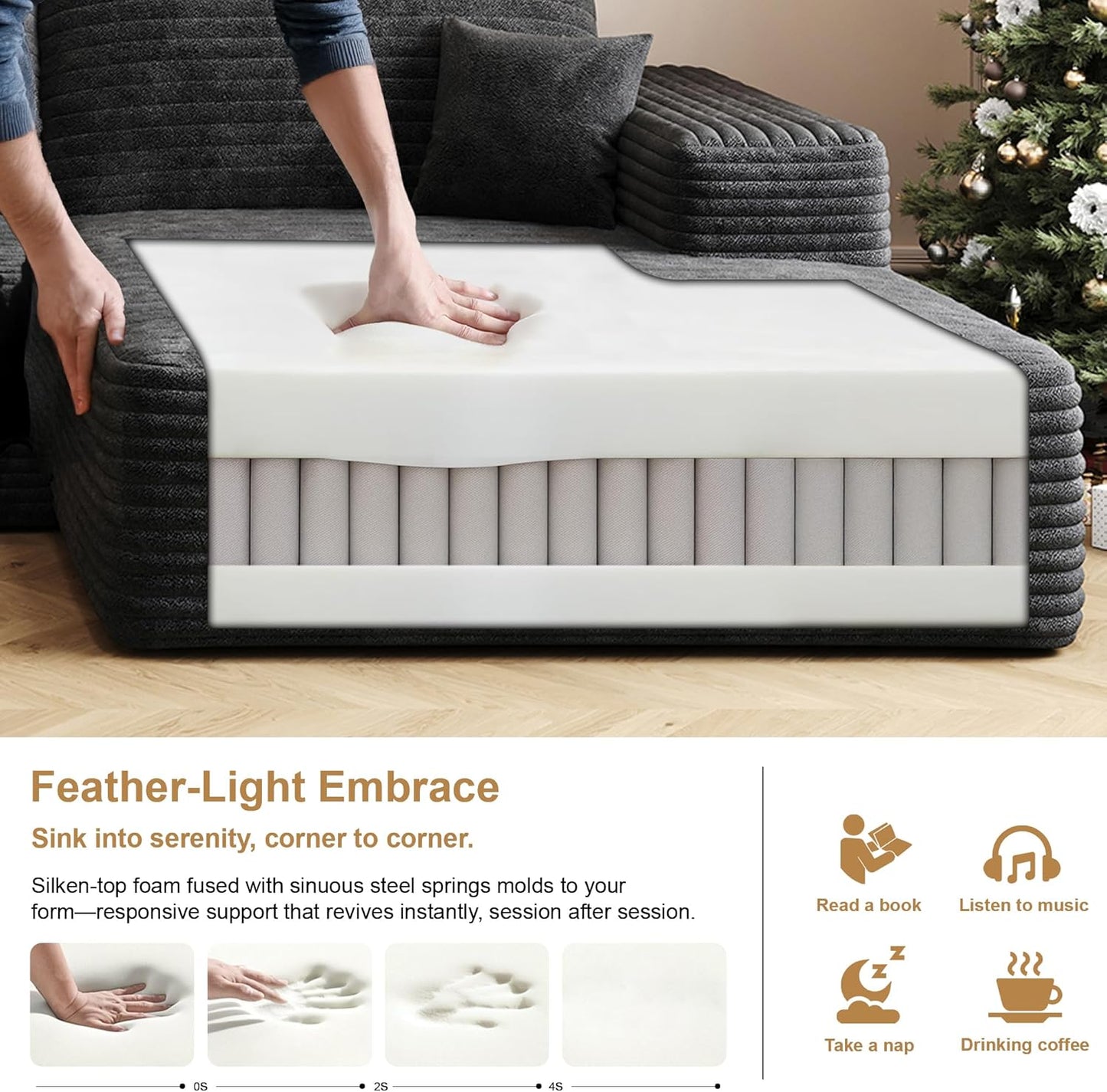 108" Sectional Couches for Living Room Modern Modular Sofa with L-Shape Couchs Upholstered Boneless Couch Deep Seat Sectional Couch with Chaise (Black, Right Facing Chaise+2Seaters+1Ottoman)