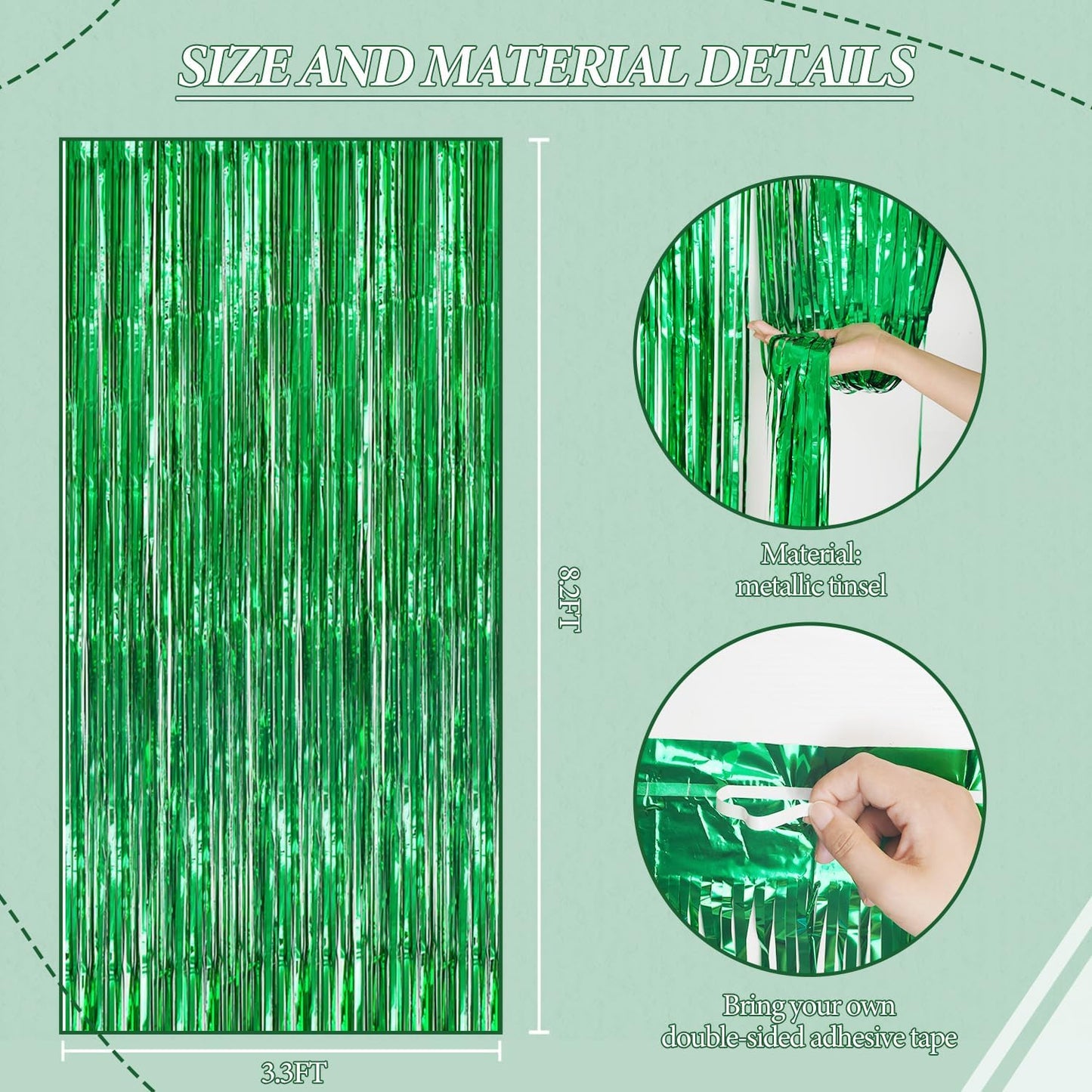 3 Pack Foil Fringe Backdrop - Green Shiny Tinsel Curtains for Party Decoration/Photo Booth Props - 3.3x8.2 FT Metallic Foil Backdrop for Birthday, Wedding, Graduation, Christmas.