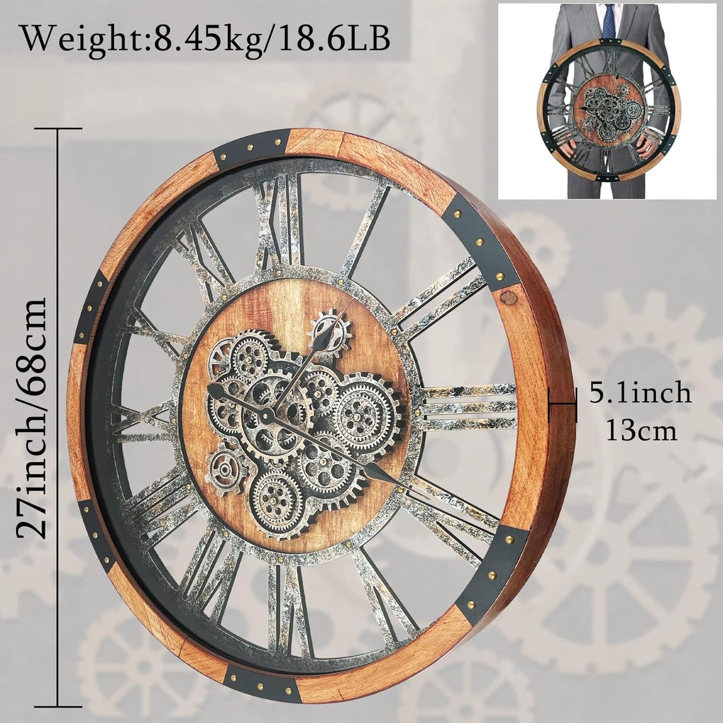 27 Inch Moving Gear Wall Clock, Oversized Wall Clocks, Clock Living Room Decor, Solid Wood Frame, Battery Operated, Large Wall Clock with Steampunk Industrial for Fireplace(Brown)