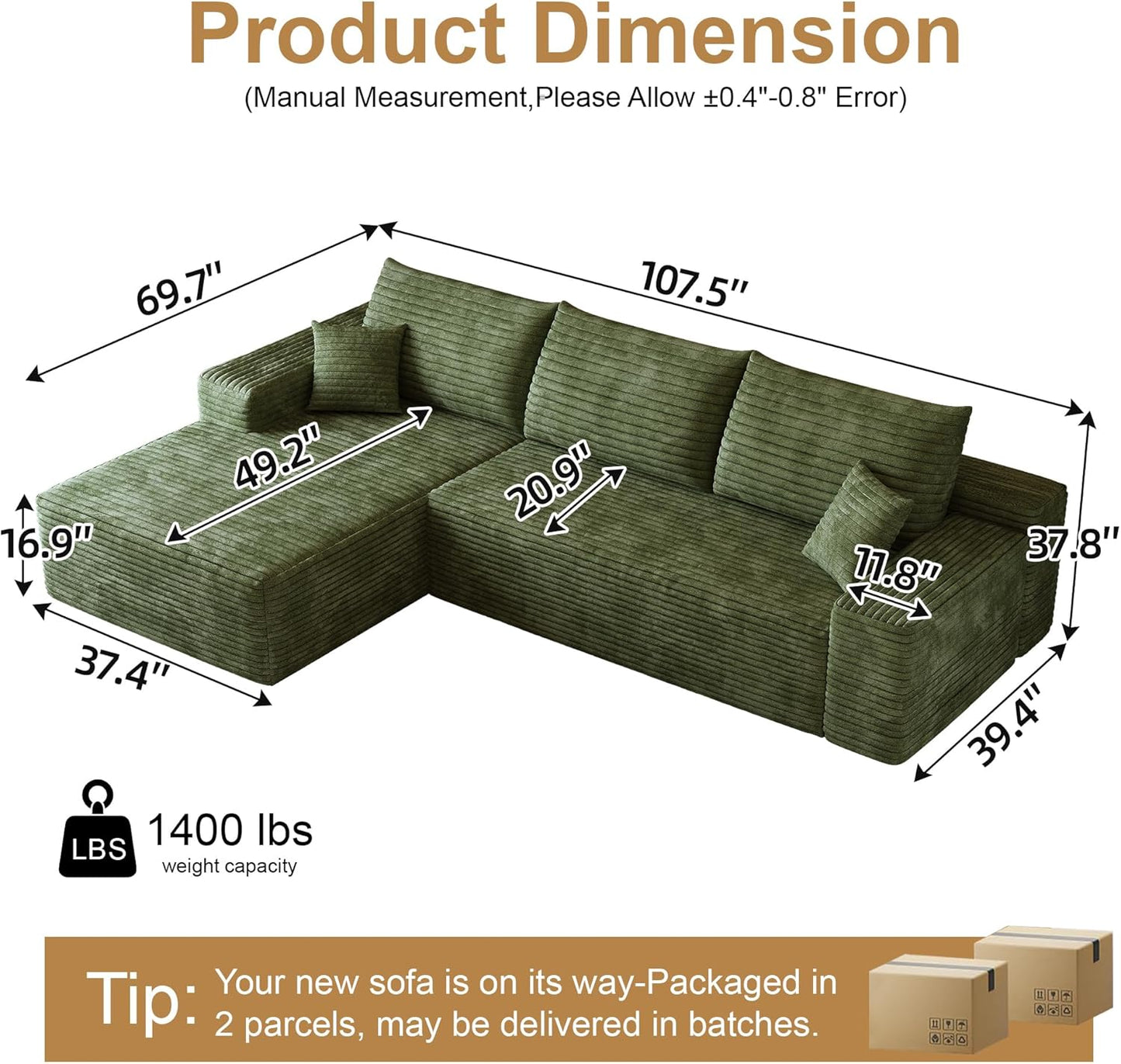 108" Sectional Couches for Living Room Modern Modular Sofa with L-Shape Couchs Upholstered Boneless Couch Deep Seat Sectional Couch with Chaise (Green, Left Facing Chaise+2Seaters)