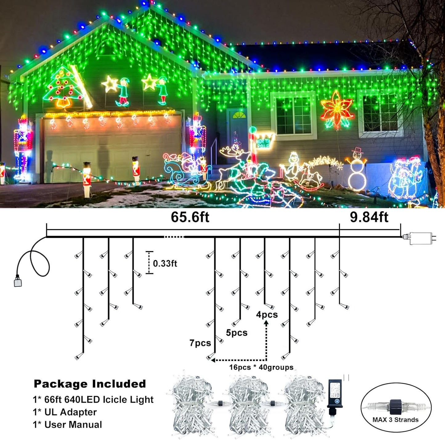 Icicle Lights for Outside, 66FT 640 LED Christmas Lights Outdoor with 8 Modes Waterproof, Connectable Plug in Twinkle String Light for Indoor Yard Garden Party Holiday Decorations, Green