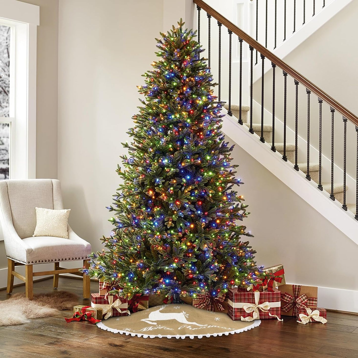 30 Inch Christmas Tree Skirt, Burlap Linen Color Christmas Rustic Tree Skirt with Elk Deer and White Snowflake Printed for Holiday Party Xmas Tree Decoration