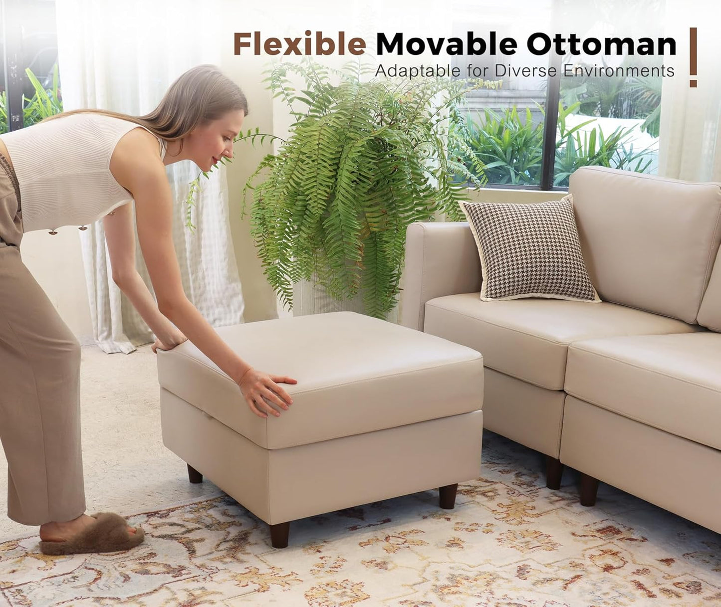 118.5" Luxury Modular Sleeper Sofa Bed with Storage Seat, 8 Seat Sectional Couch Deep Seat with Reversible Chaises & Removable Cover - Whitesand Faux Leather