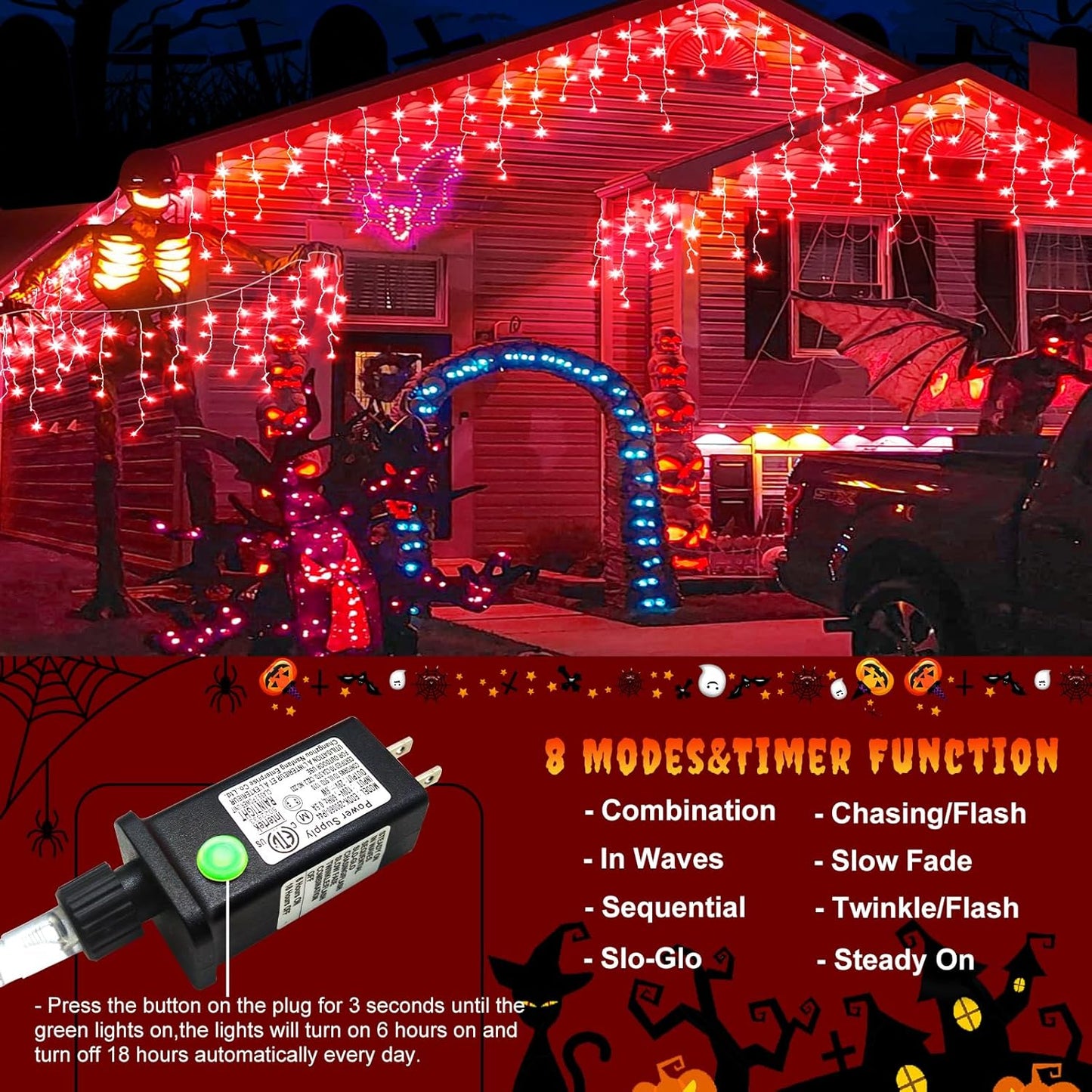 Icicle Lights for Outside, 66ft 640 LED Icicle Christmas Lights Outdoor with 120 Drops 8 Modes, Waterproof Red Christmas Light for House Plug in for Indoor Party Holiday Halloween Decorations